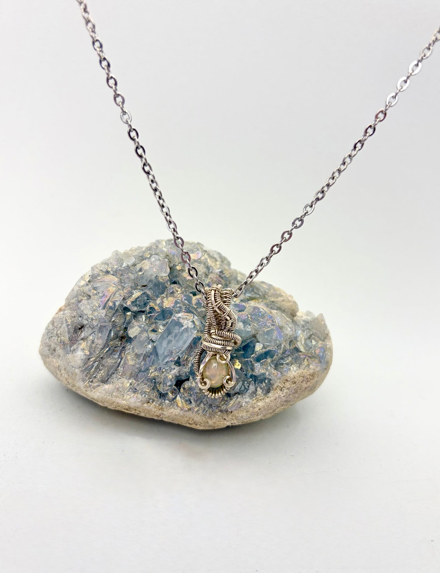 Wire Wrapped Opal Gemstone Necklace, Sterling Silver Wire