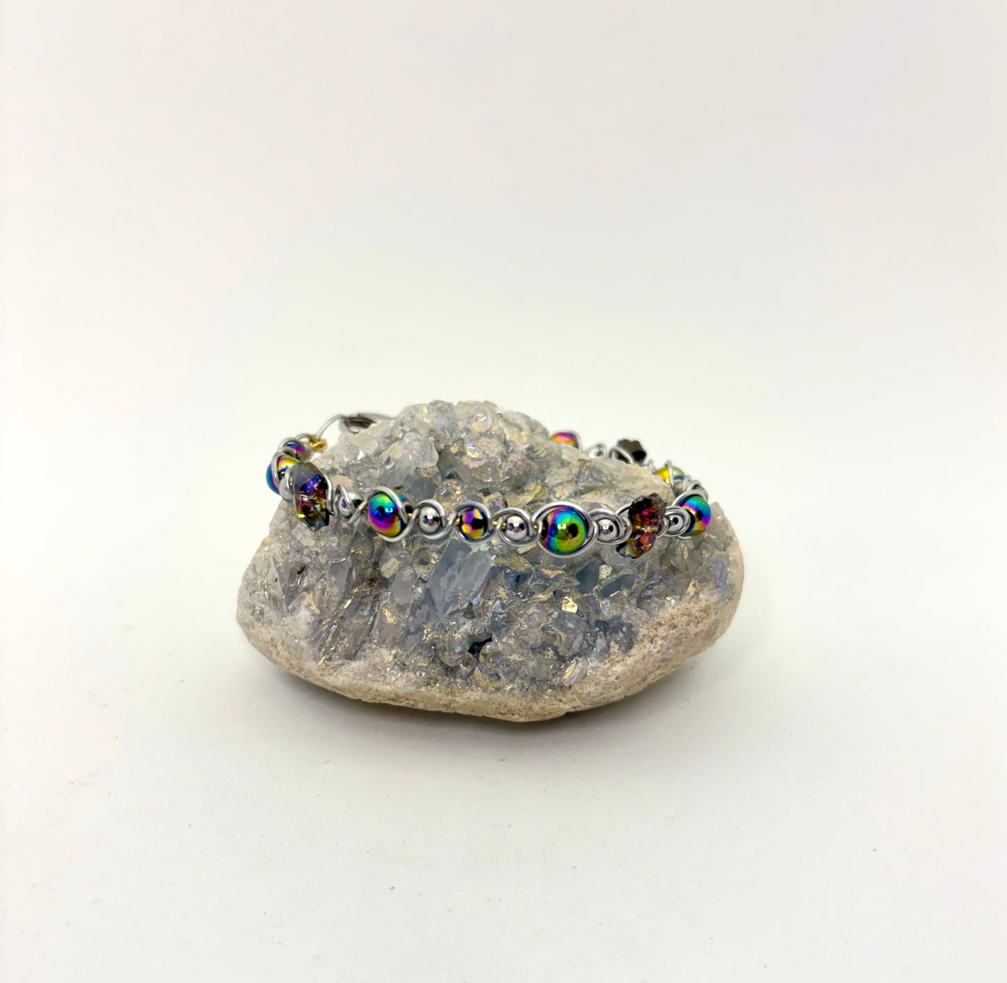 Rainbow Orbit Wire Wrapped Bracelet | Silver Handmade Beaded Jewelry