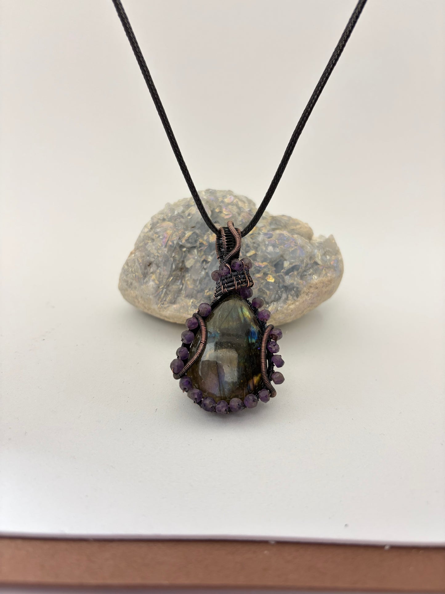 Labradorite & Amethyst Wire Wrapped Pendant | Copper & Crystal Necklace