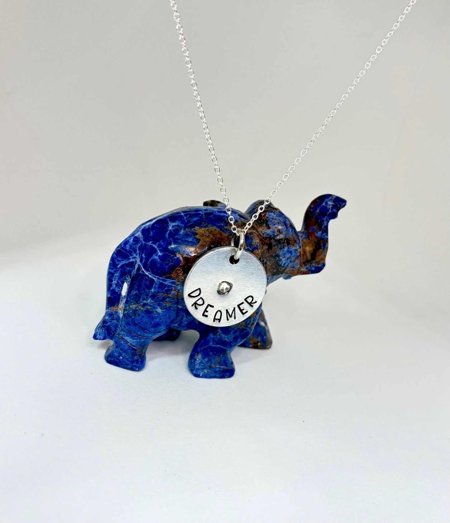 Dreamer Necklace with Crystal Accent – Hand Stamped Aluminum Pendant for Free Spirits