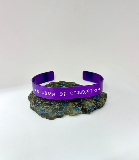 Born of Stardust Cuff Bracelet – Purple Hand Stamped Aluminum Bracelet for Cosmic Souls