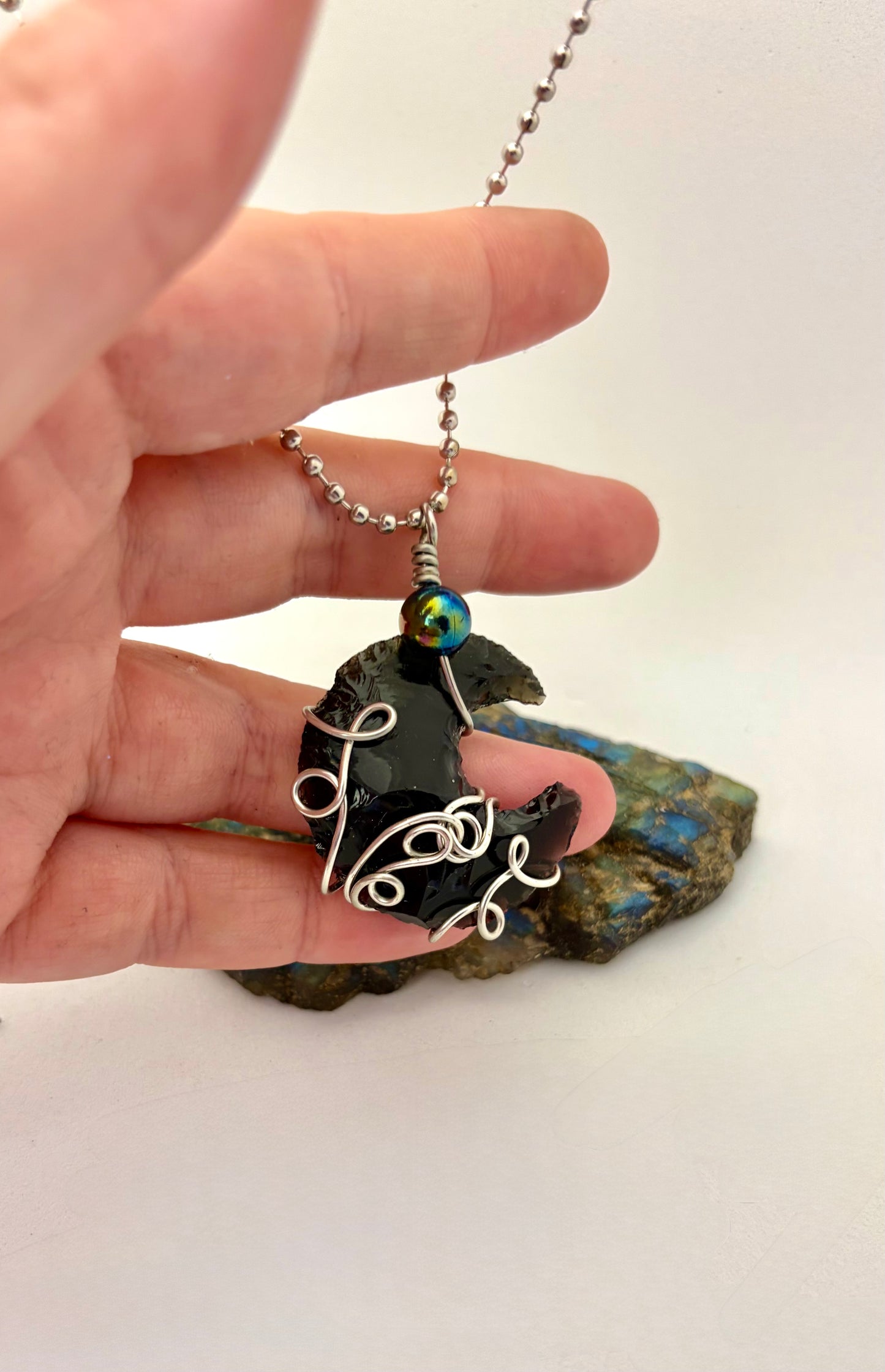 Dark Moon Rising – Stainless Steel Wire Wrapped Obsidian Crescent Necklace