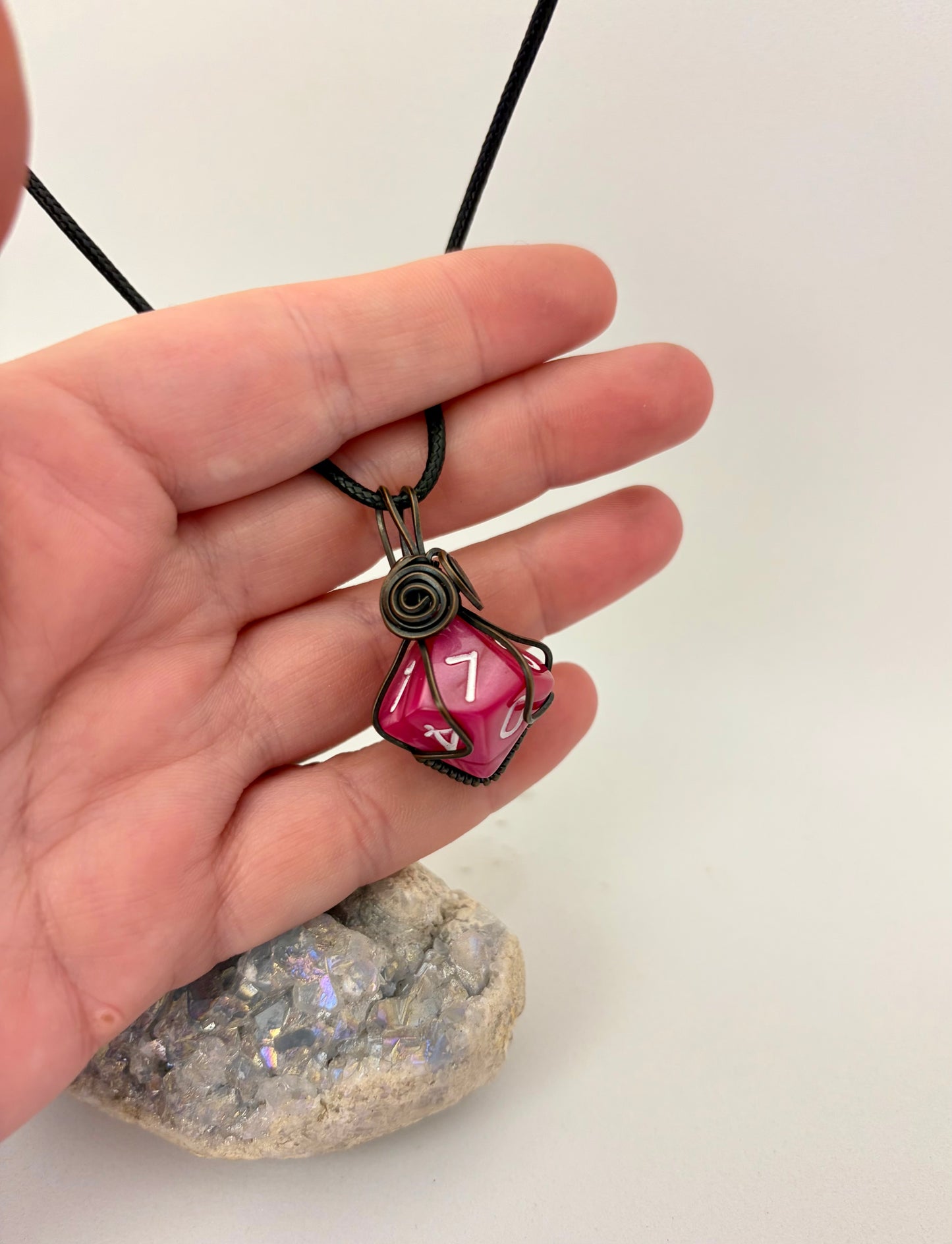Pink D10 Dice Pendant | Wire Wrapped Copper Necklace for Gamers
