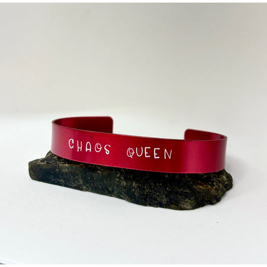 Chaos Queen Red Aluminum Cuff Bracelet — Bold Hand Stamped Statement Jewelry
