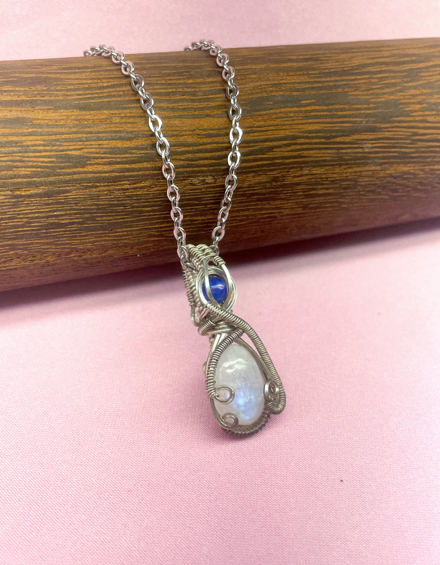 Wire Wrapped Moonstone Gemstone with Opal Accent Necklace, Sterling Silver Wire