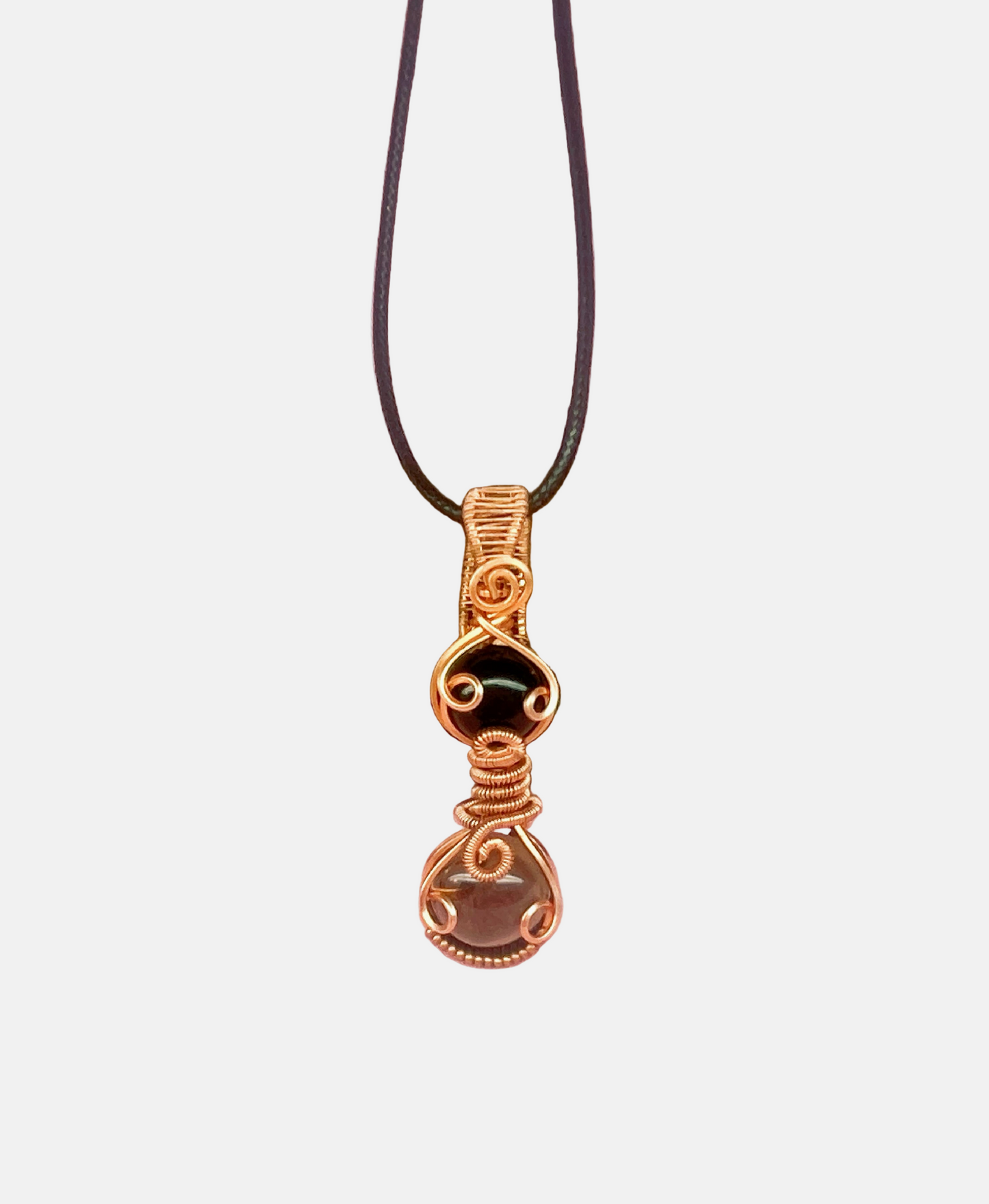 Wire Wrapped Smoky Quartz and Onyx Gemstone Necklace, Copper Wire