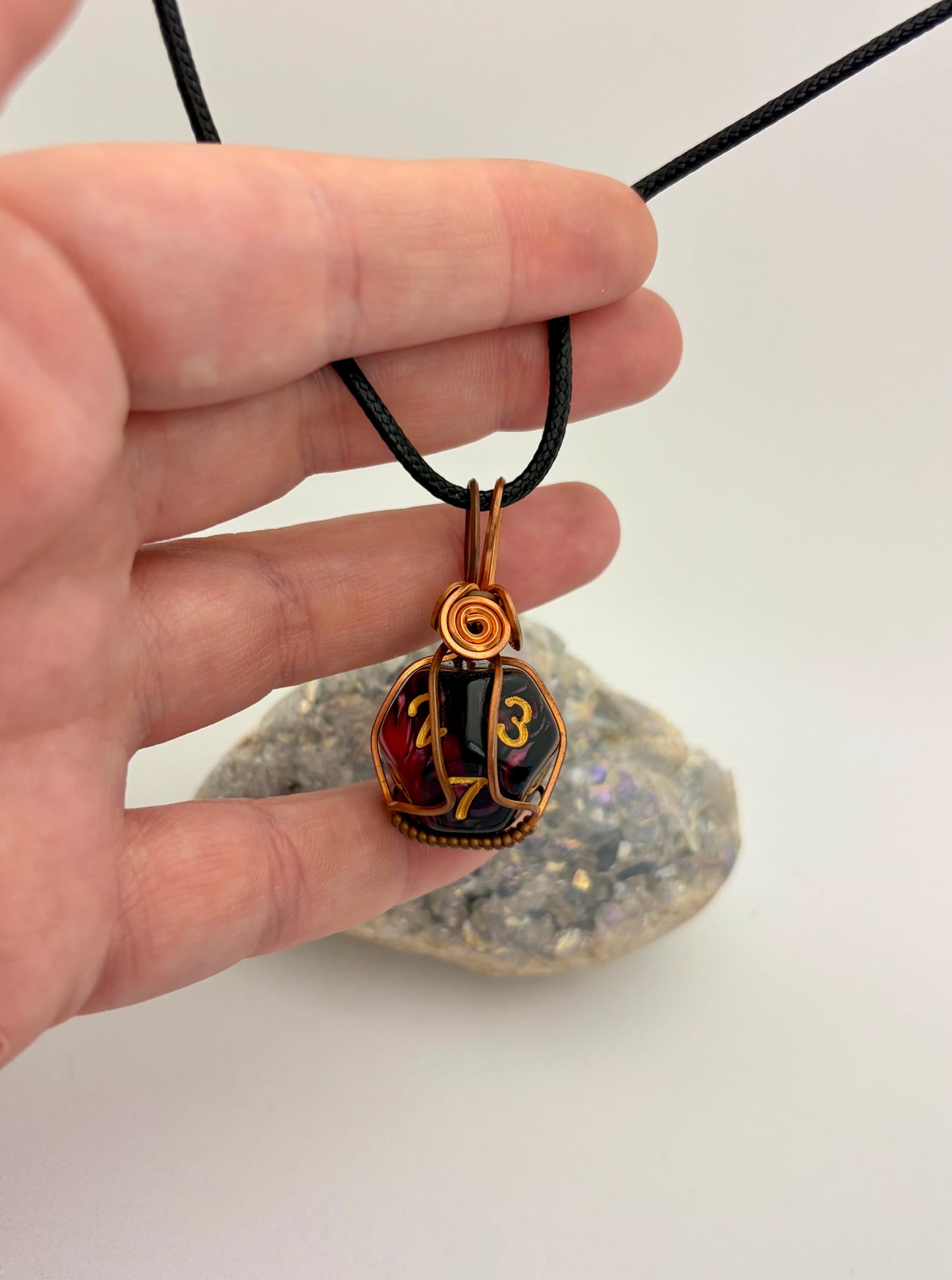 Black & Red D12 Dice Pendant | Copper Wire Wrapped Necklace