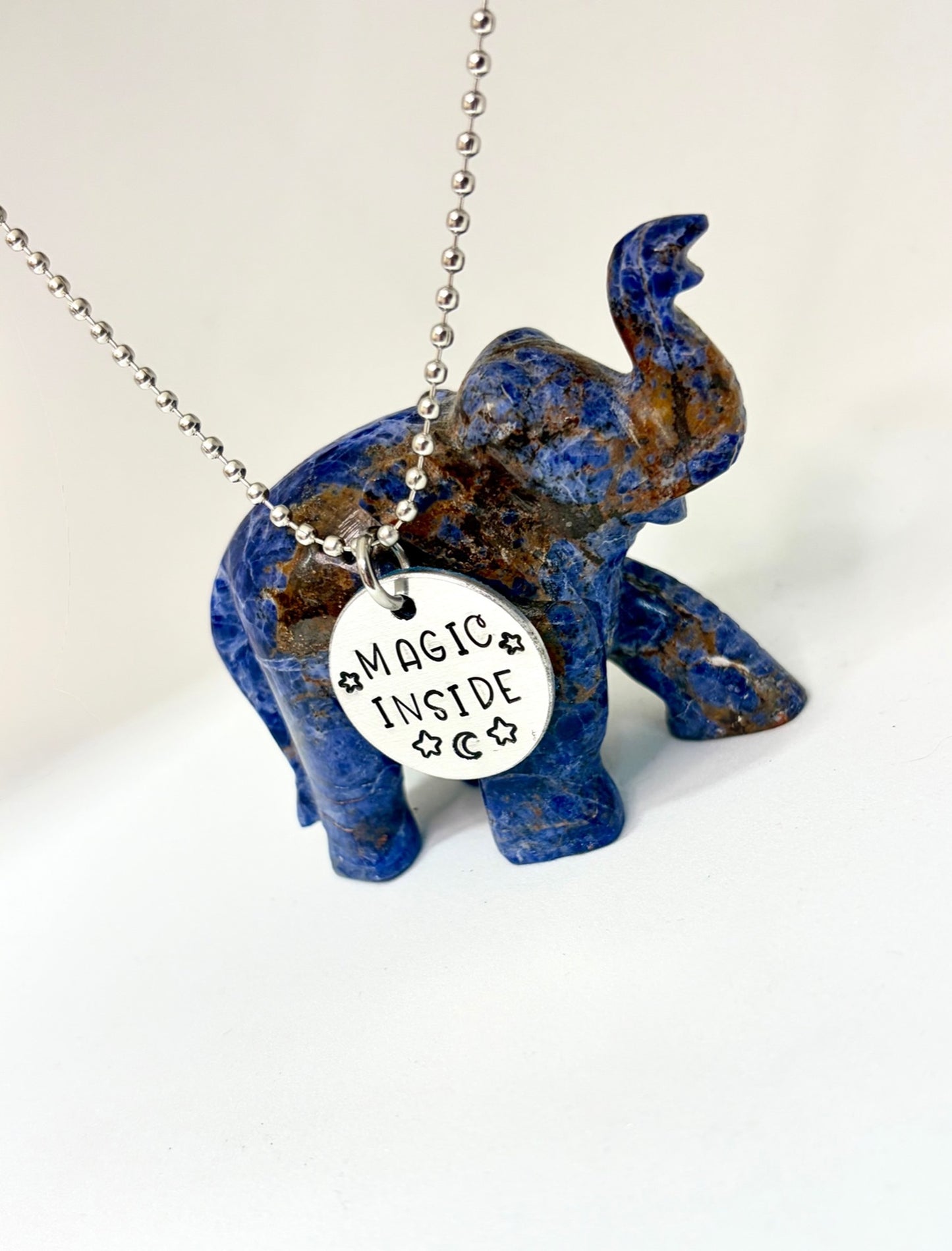 Magic Inside Celestial Necklace – Hand-Stamped Aluminum Pendant with Stars & Moon