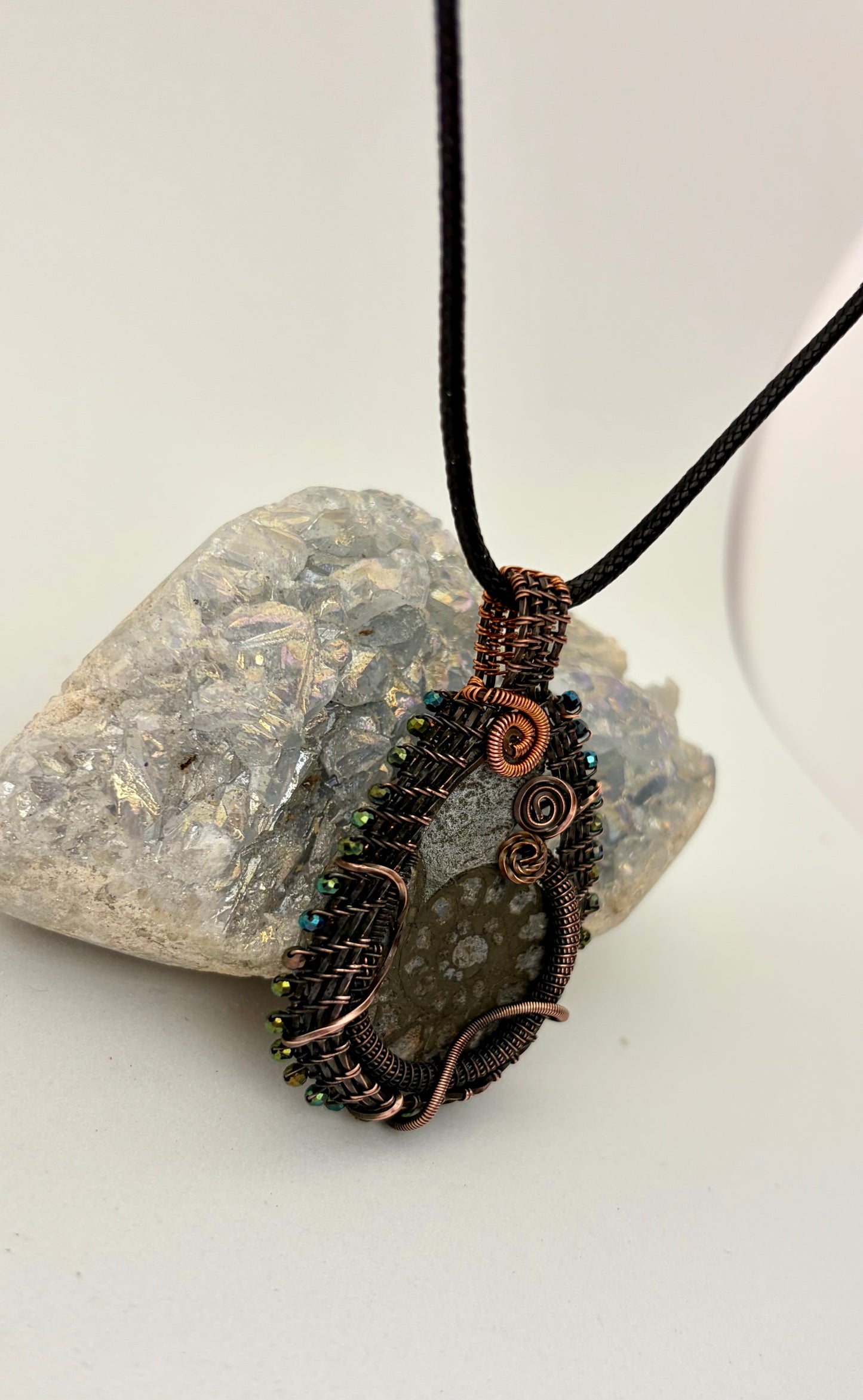 Ammonite Fossil Wire Wrapped Pendant | Copper & Beaded Handmade Necklace