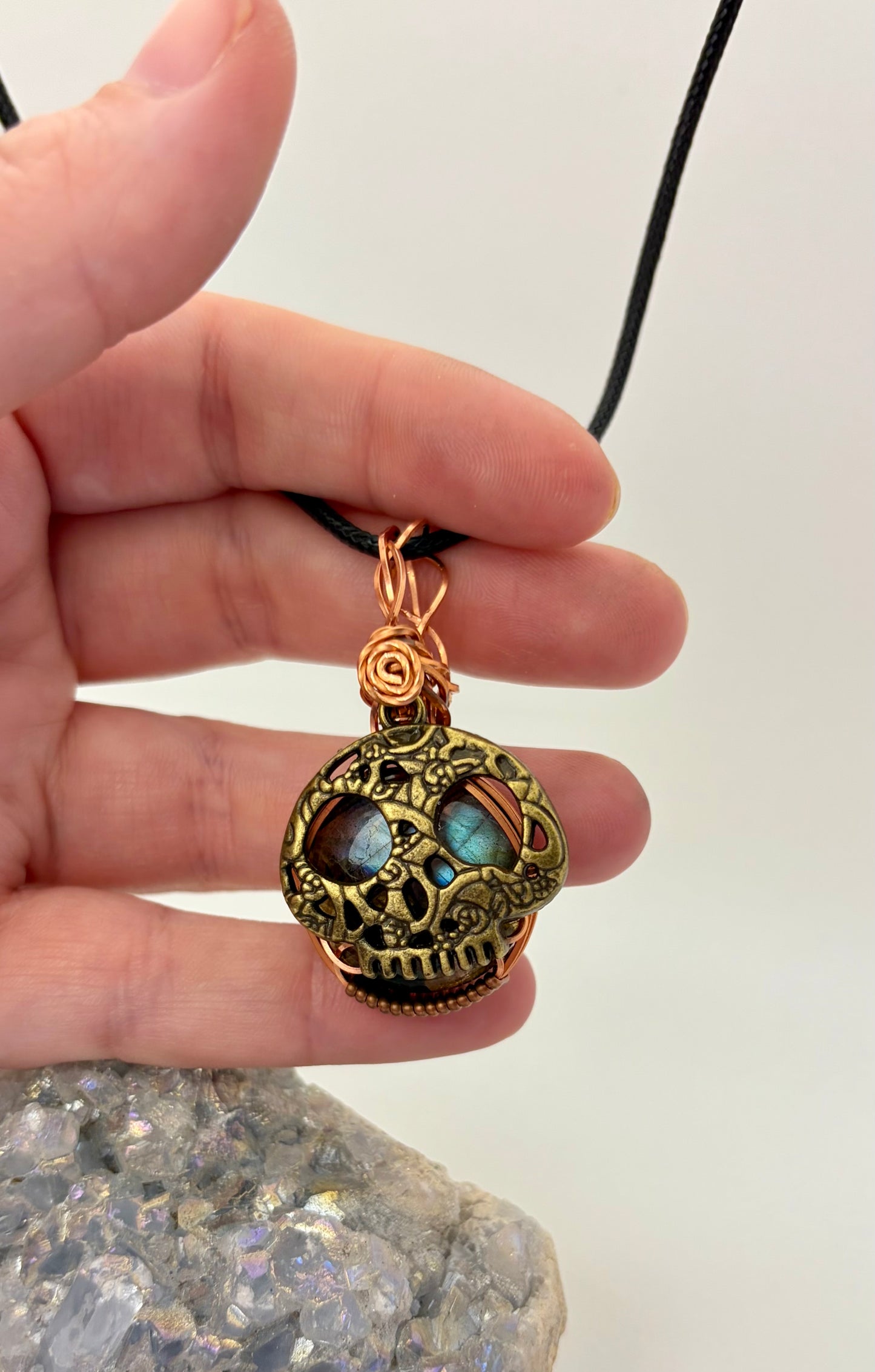Labradorite Skull Pendant | Copper Wire Wrapped Necklace