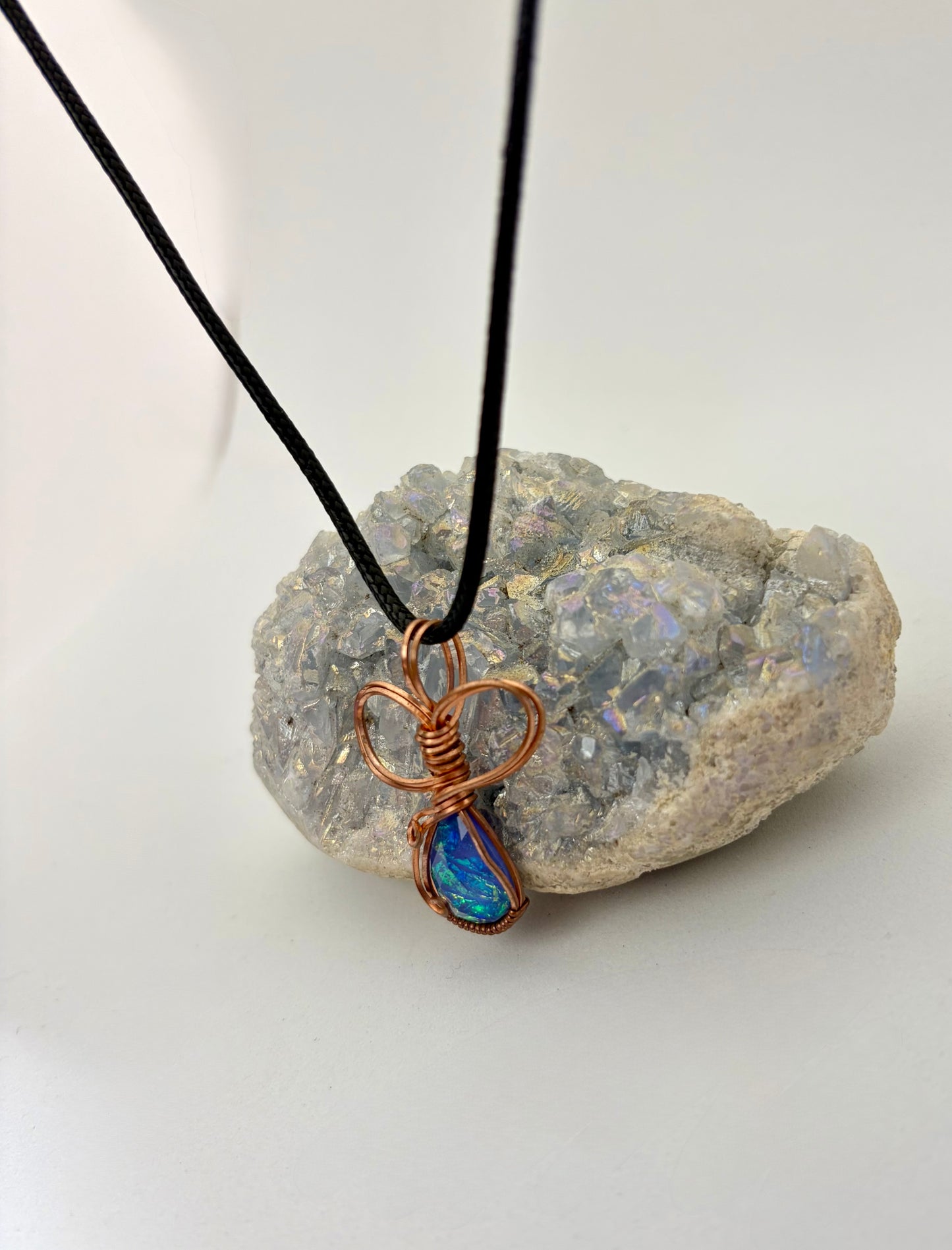 Wire Wrapped Resin Faux Opal Necklace, Copper Wire
