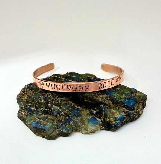 Mushroom Babe Bracelet – Hand-Stamped Copper Cottagecore Cuff Jewelry