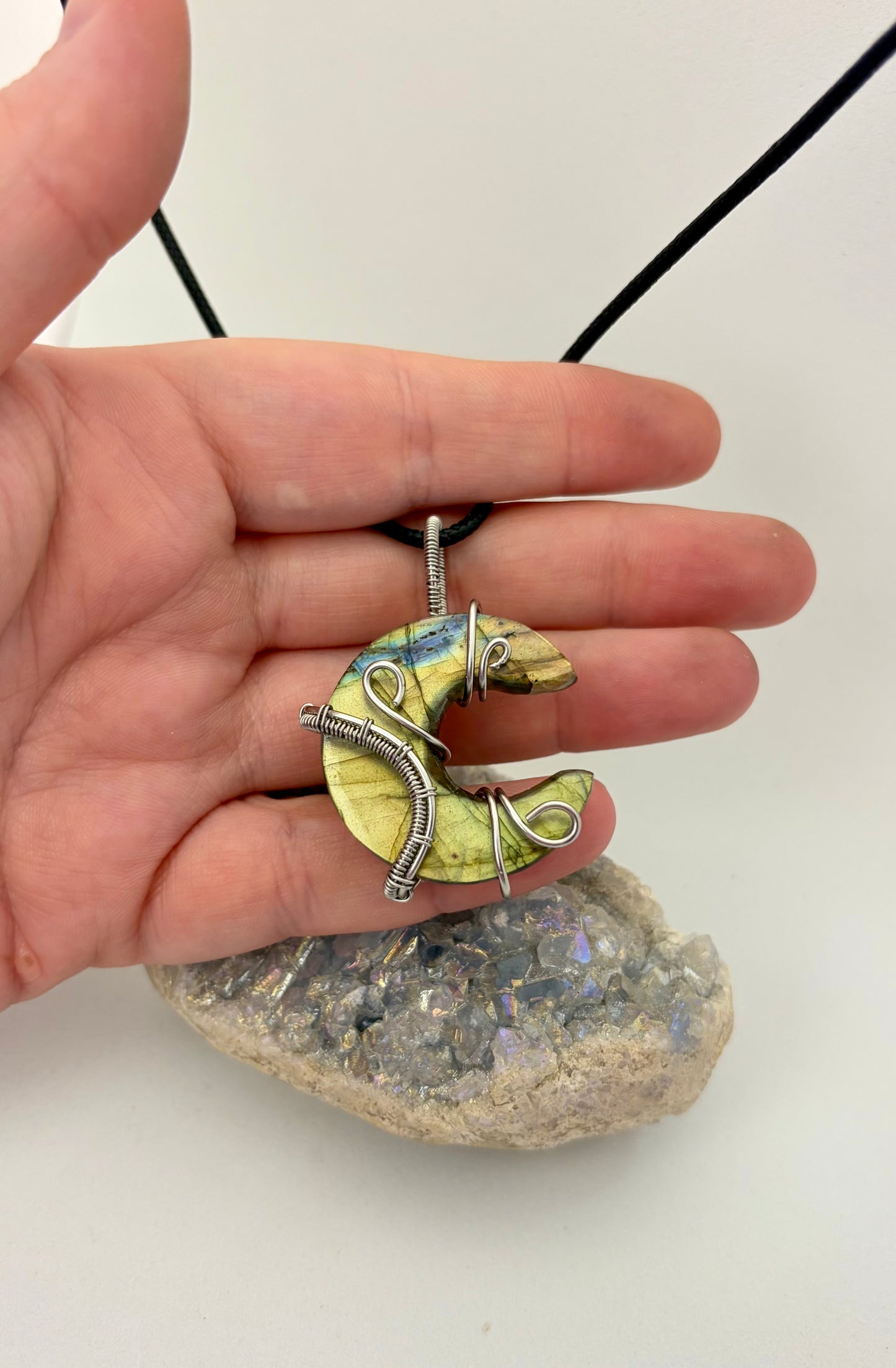 Labradorite Crescent Moon Wire Wrapped Pendant - Stainless Steel Wire