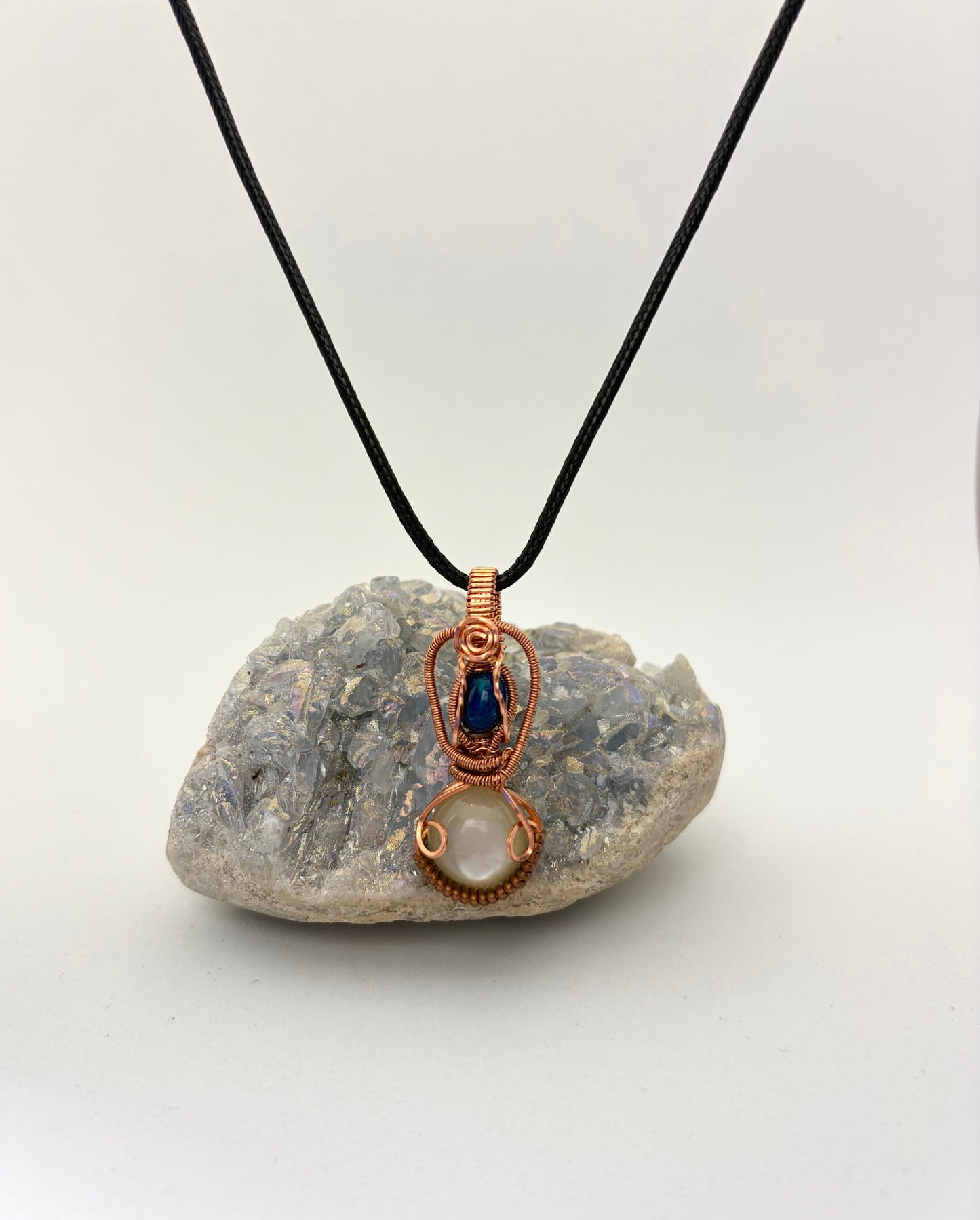 Blue Opal & Moonstone Wire Wrapped Pendant | Handmade Copper Necklace