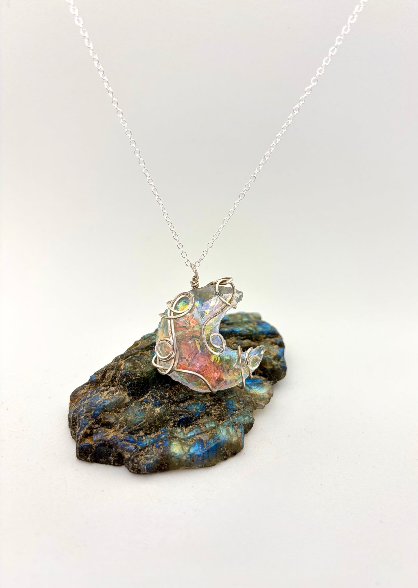 Moonlit Mirage – Sterling Silver Wire Wrapped Aura Quartz Crescent Necklace