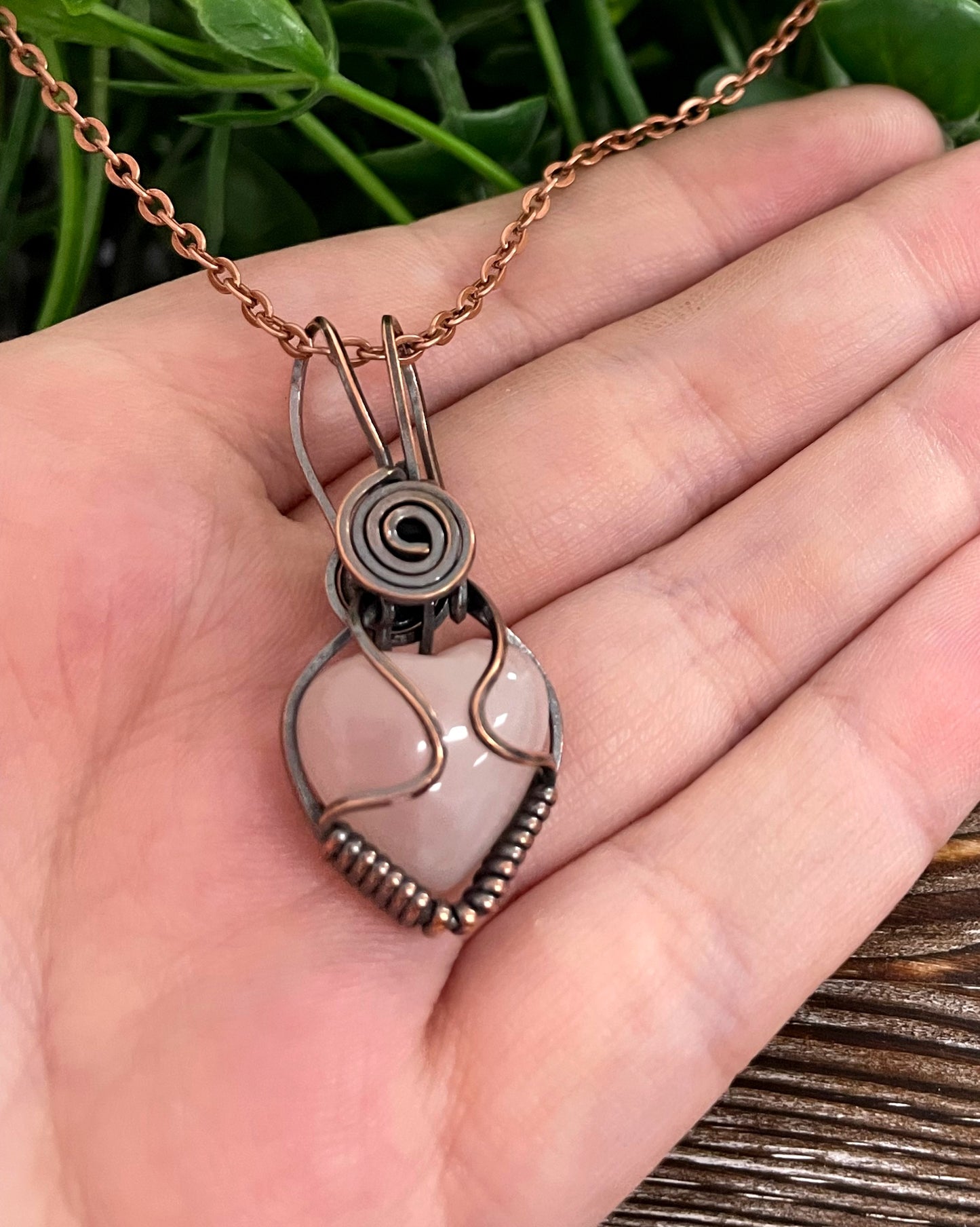 Small Pink Rose Quartz Gemstone Wire Wrapped Pendant Heart Shaped - Handmade by Marlayna