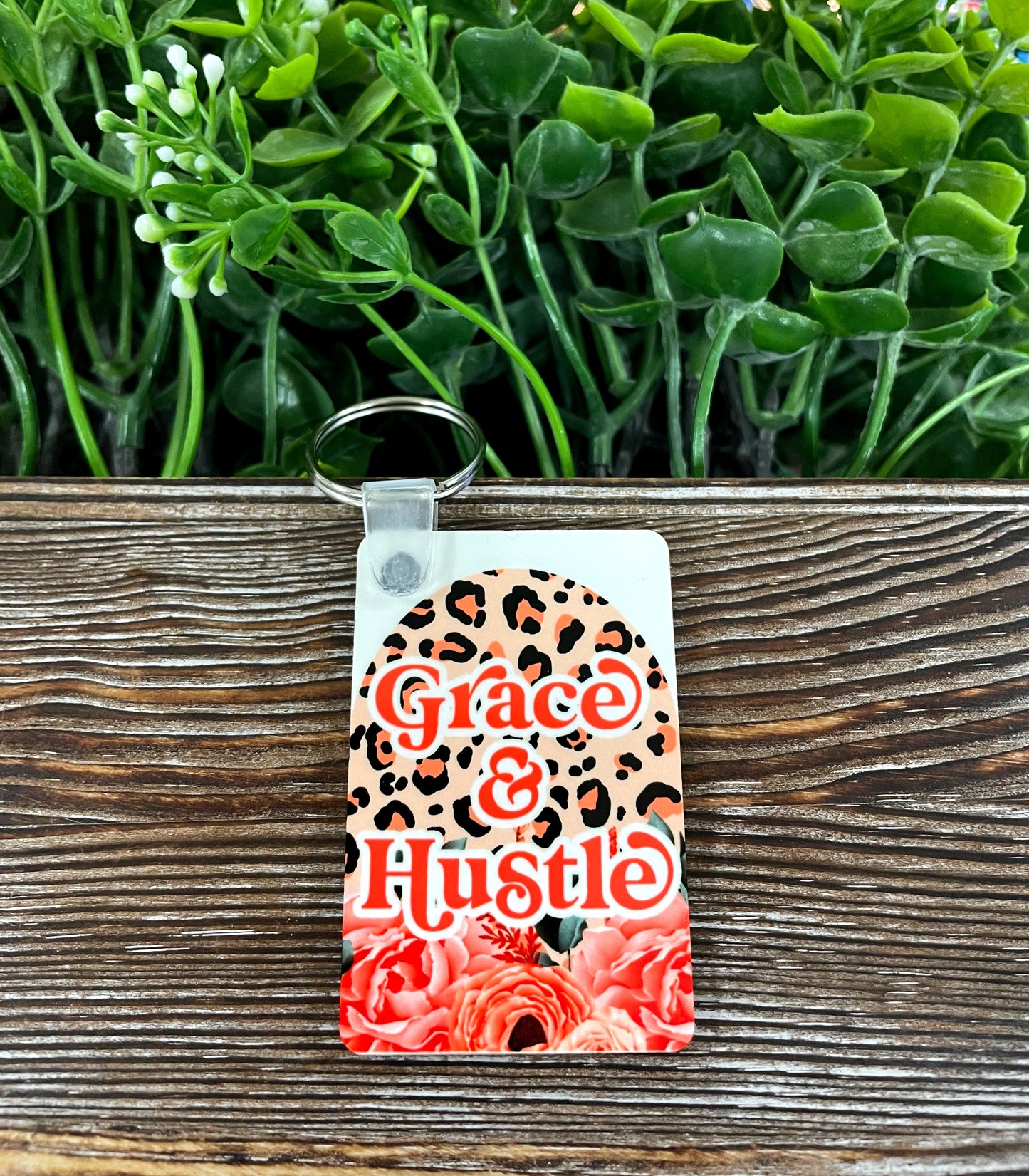 Grace and Hustle, MDF Rectangle Keychain, , Boho Fun, Sublimation, Floral Pink Theme, Motivational Positive - Handmade by Marlayna