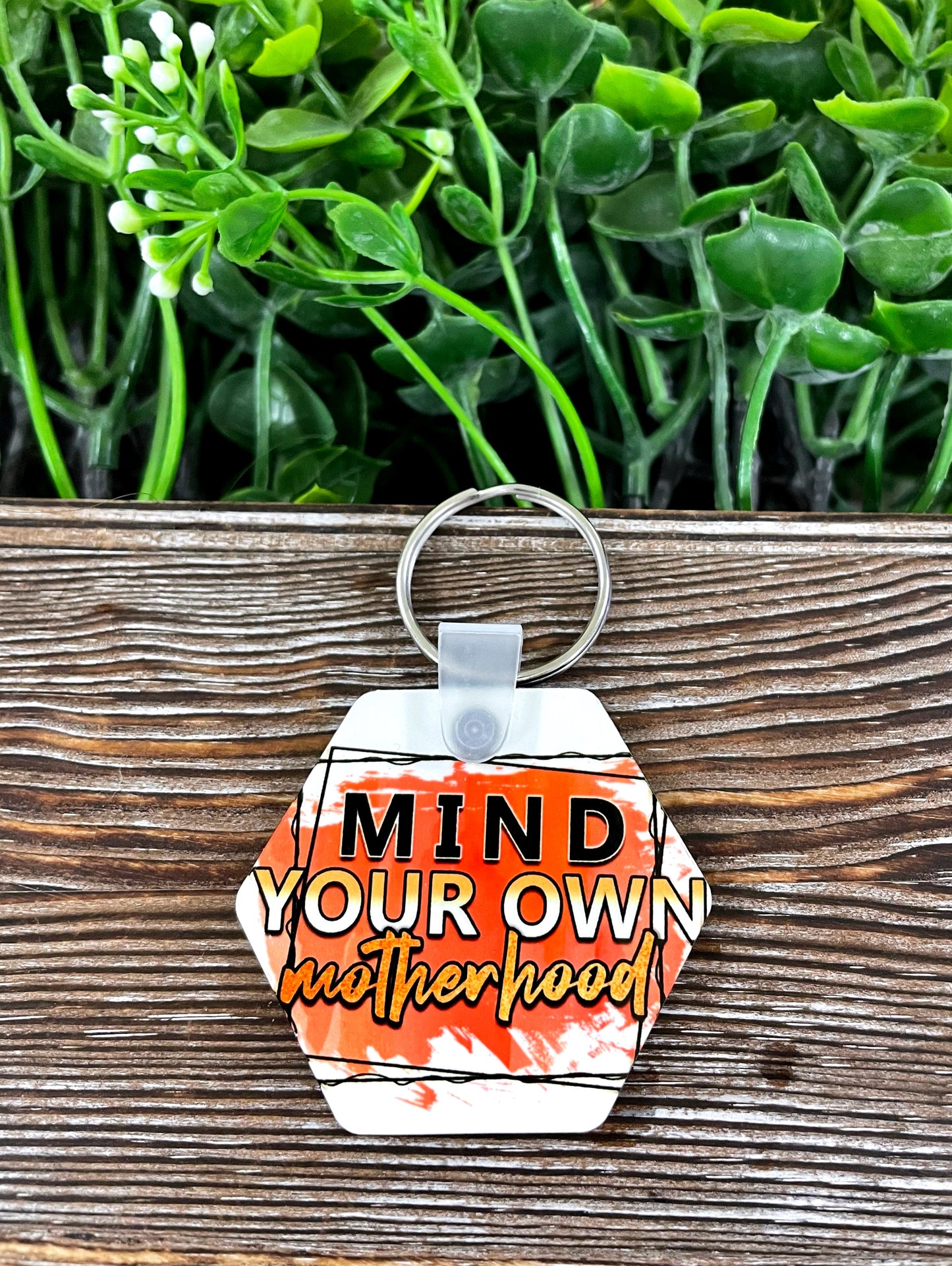 Mind Your Own Motherhood, MDF Hexagon Keychain, , Boho Fun, Sublimation - Handmade by Marlayna