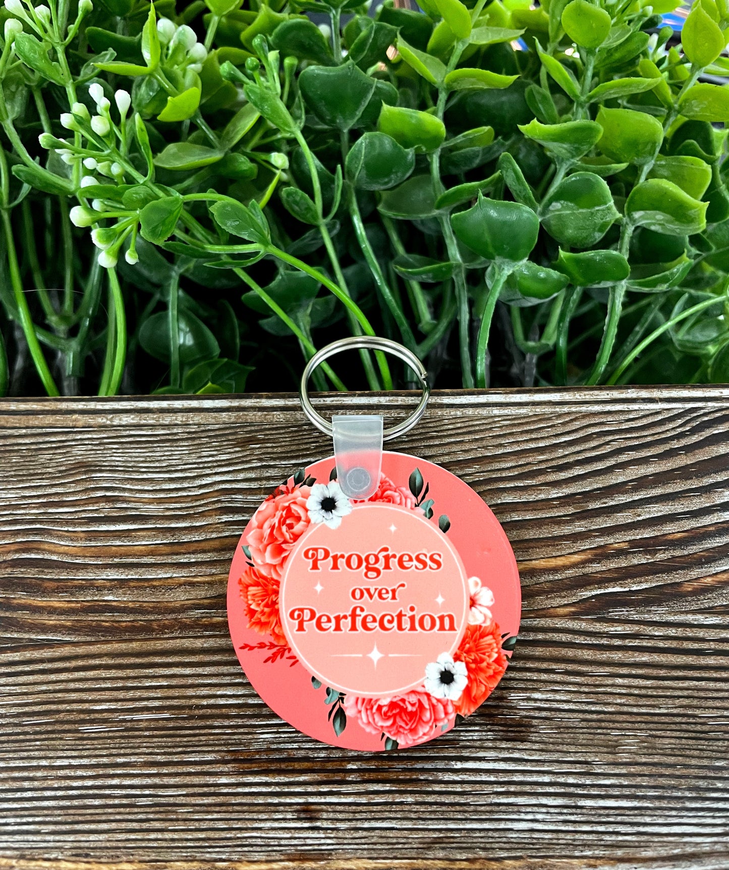 Progress over Perfection, MDF Round Keychain, , Boho Fun, Sublimation, Floral Pink Theme, Motivational Positive - Handmade by Marlayna