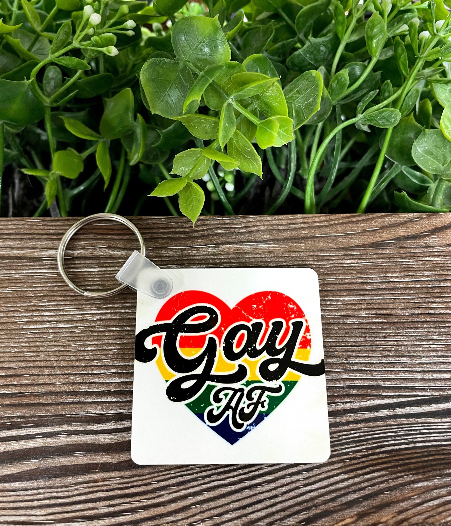 Rainbow Heart Gay AF, MDF Square Keychain, , Boho Fun, Human Rights Equality Women Support - Handmade by Marlayna