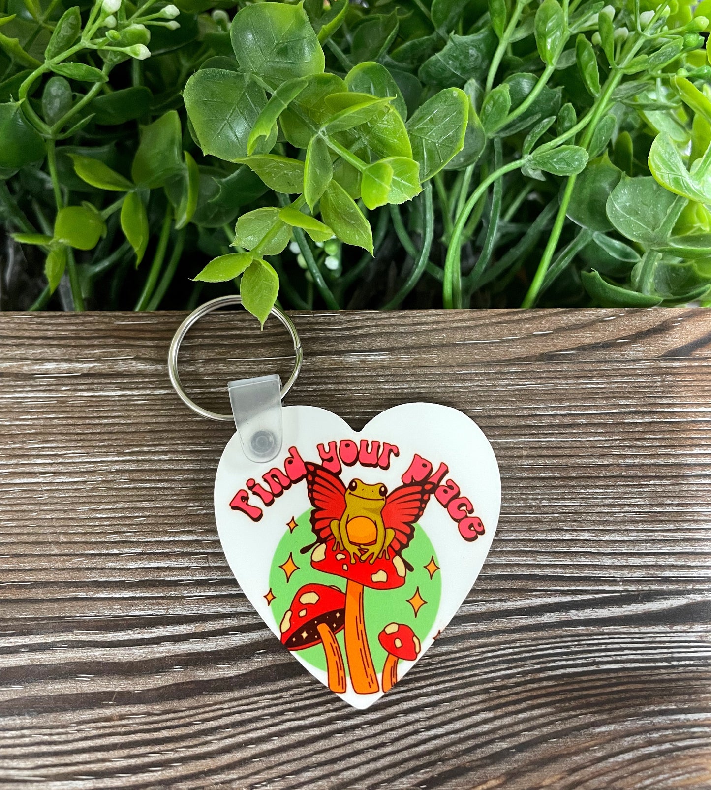 Find Your Place, MDF Heart Keychain, , Boho Fun, Mushrooms Fungi Toadstools, Frog w/ Wings - Handmade by Marlayna