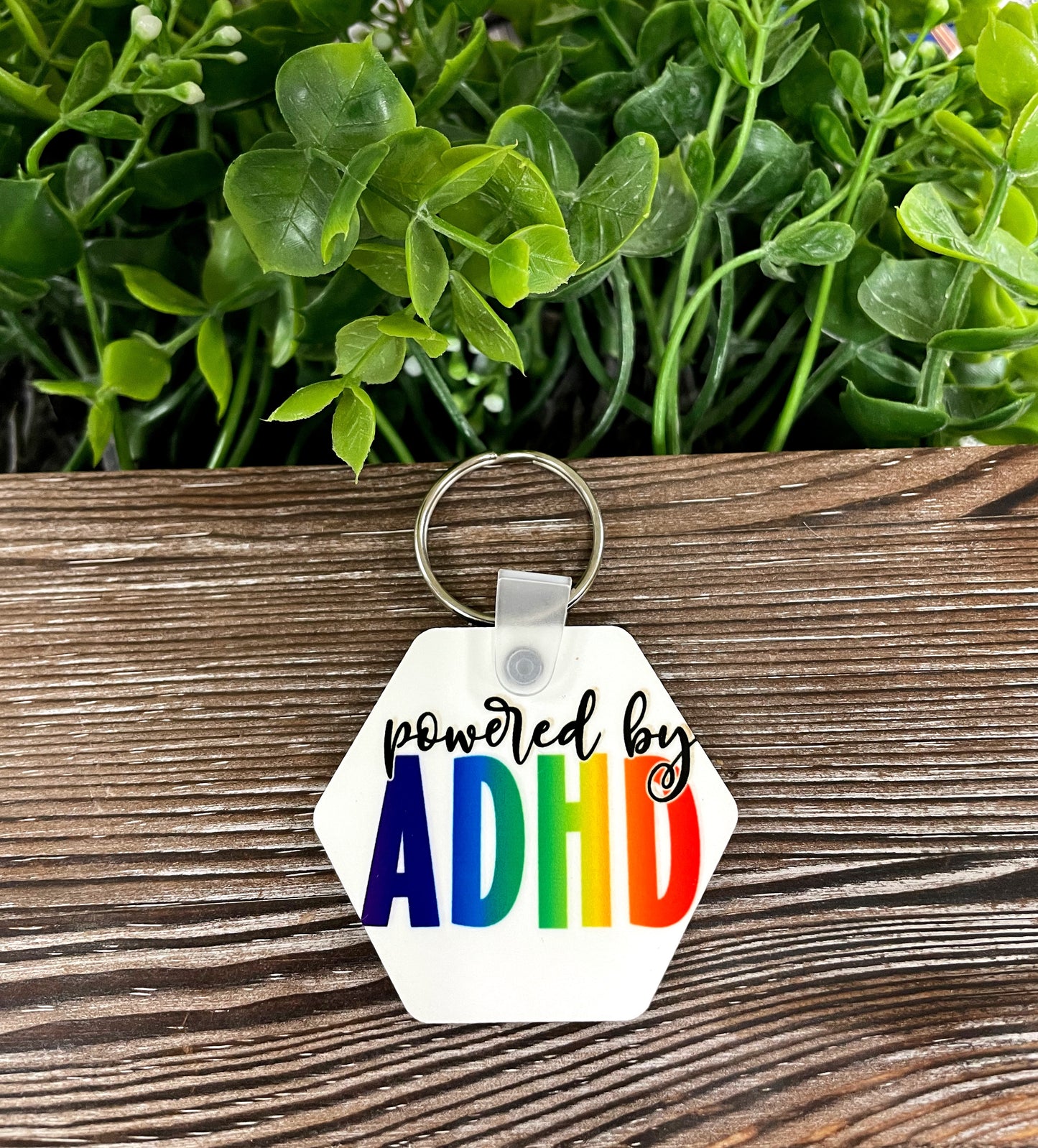 Powered by ADHD, MDF Hexagon Keychain, , Boho Fun, Human Rights Equality Women Support, Neurodivergent Rainbow - Handmade by Marlayna