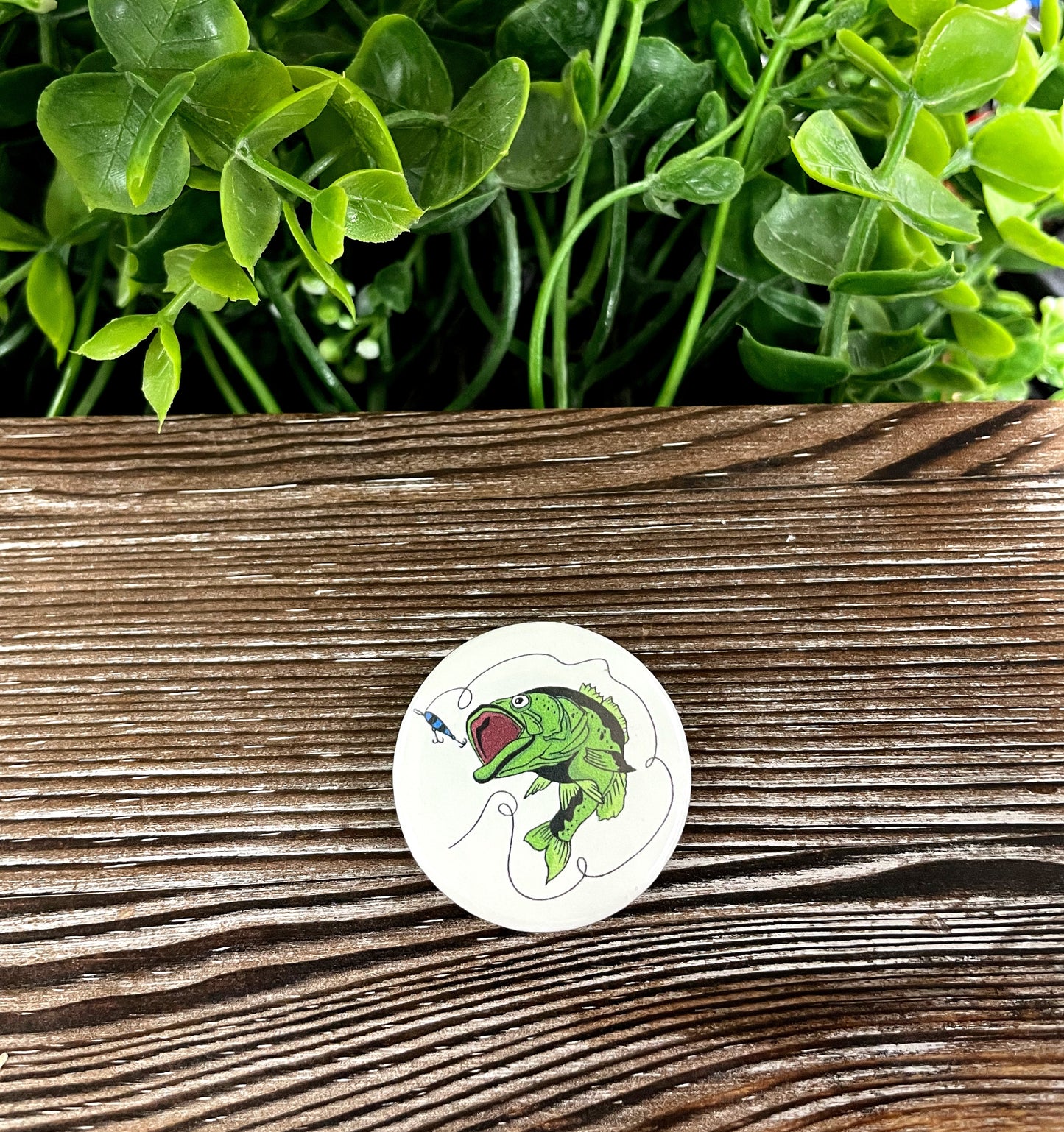 Bass Fish, Graphic Art Button / Pin 1.25” , Boho Fun, Water Resistant, Fishing Lure - Handmade by Marlayna