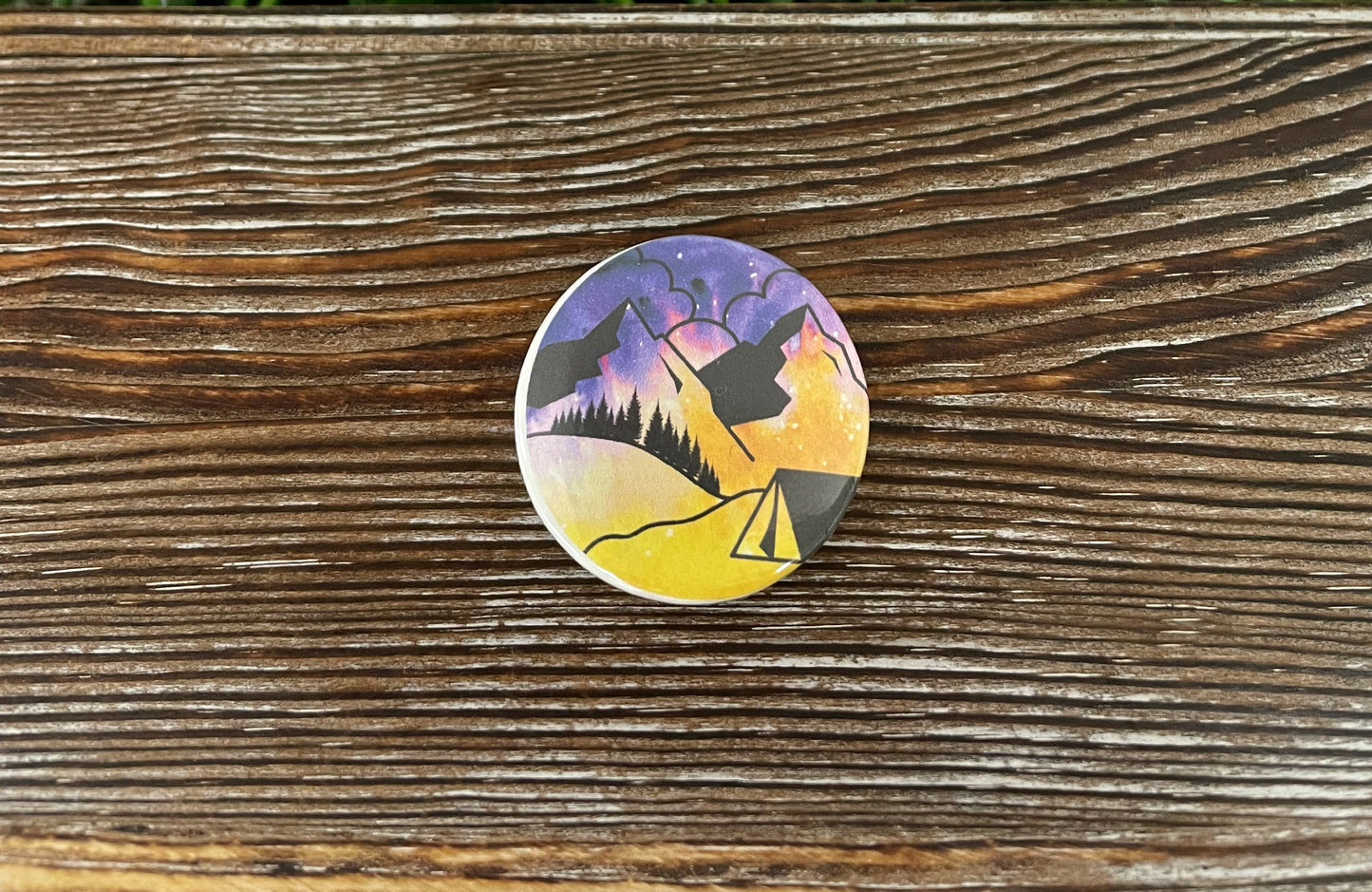 Scenic Mountain View, Graphic Art Button / Pin 1.25” , Boho Fun, Water Resistant, Equality - Handmade by Marlayna