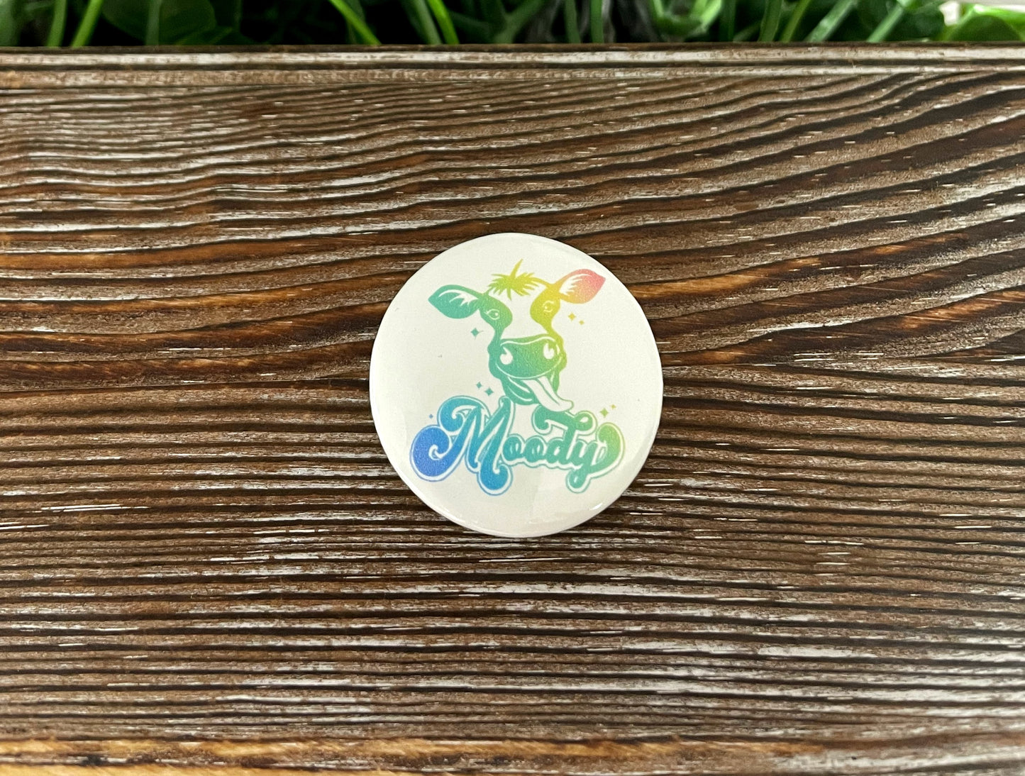 Retro Moody Cow, Graphic Art Button / Pin 1.25” , Boho Fun, Water Resistant - Handmade by Marlayna