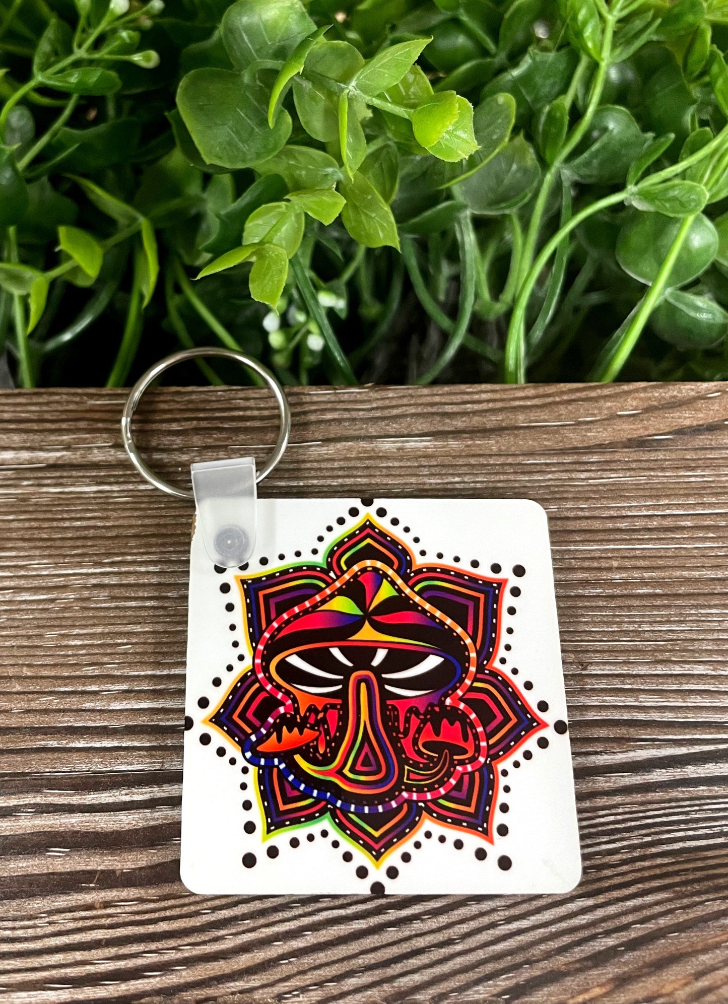 Trippy Neon Mushroom, MDF Square Keychain, Fungi Shrooms Toadstool Rainbow - Handmade by Marlayna