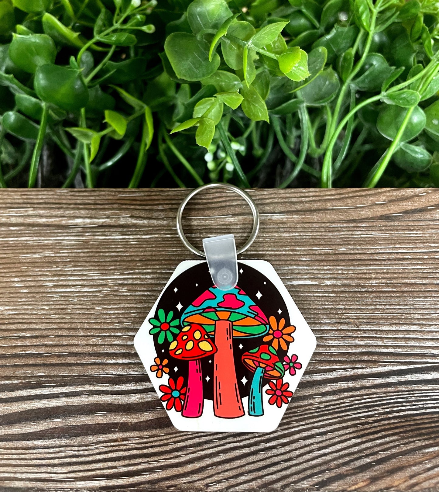 Neon Mushrooms, MDF Hexagon Keychain, Halloween, Fungi Shrooms Toadstool - Handmade by Marlayna