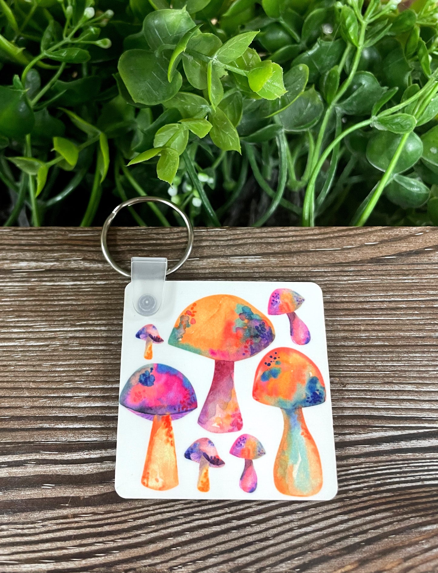 Watercolor Mushrooms, MDF Square Keychain, Fungi Shrooms Toadstool - Handmade by Marlayna