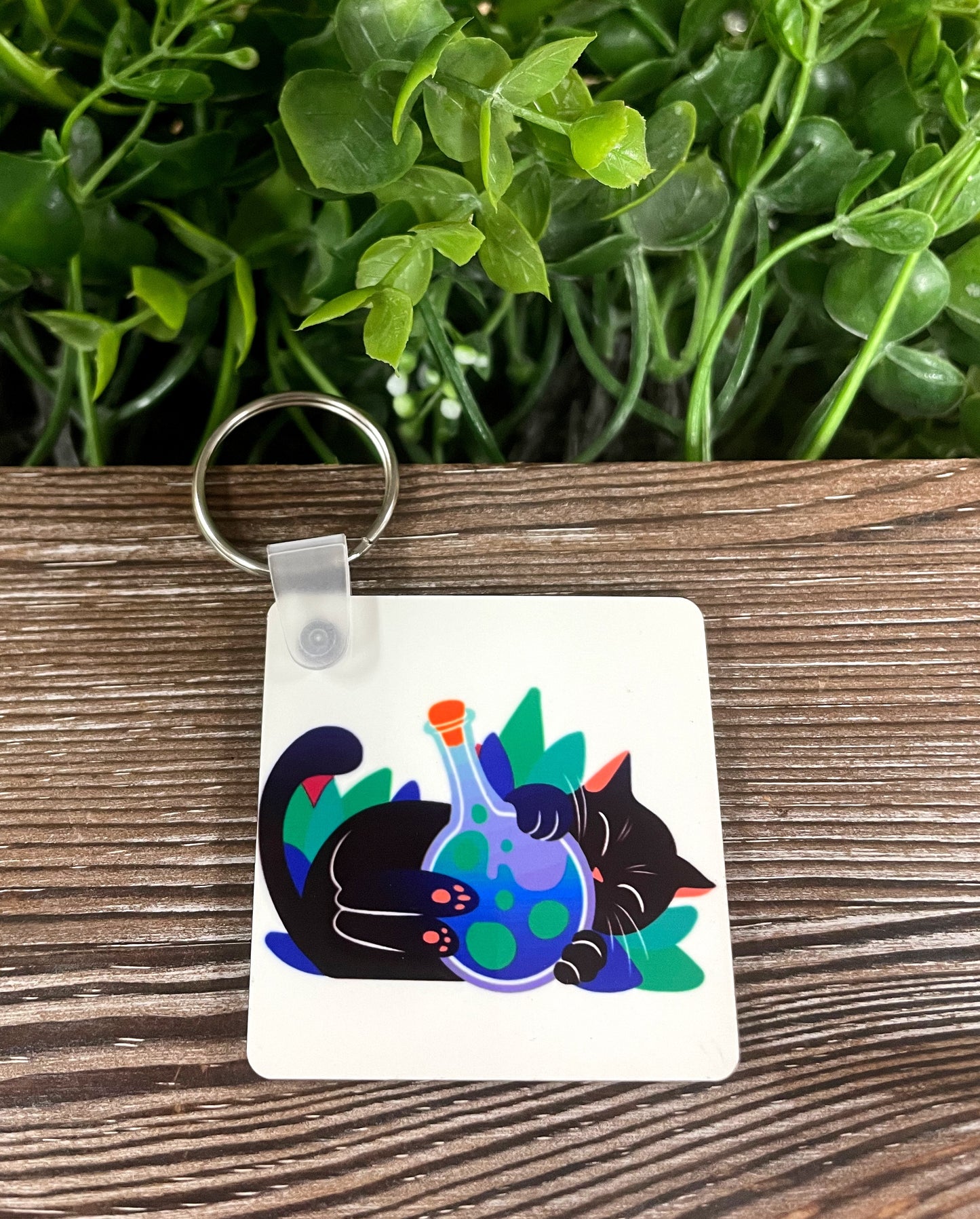 Cute Black Cat w/ Potion Bottle, MDF Square Keychain, Boho Fun, Halloween, Magic Spell - Handmade by Marlayna