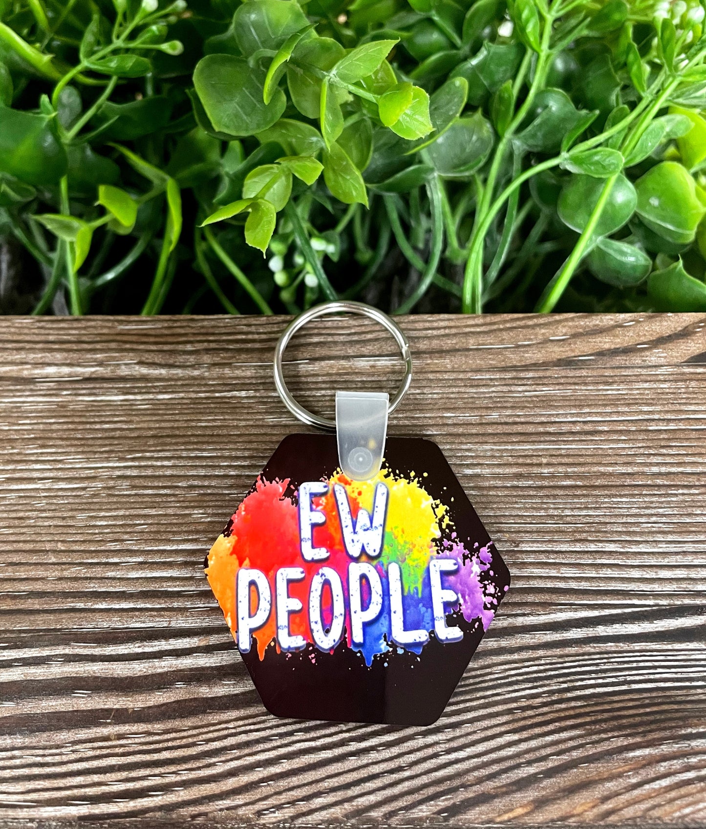 Ew People Black Background, MDF Hexagon Keychain, Boho Fun, Snarky Sarcasm Witty Quote Colorful - Handmade by Marlayna