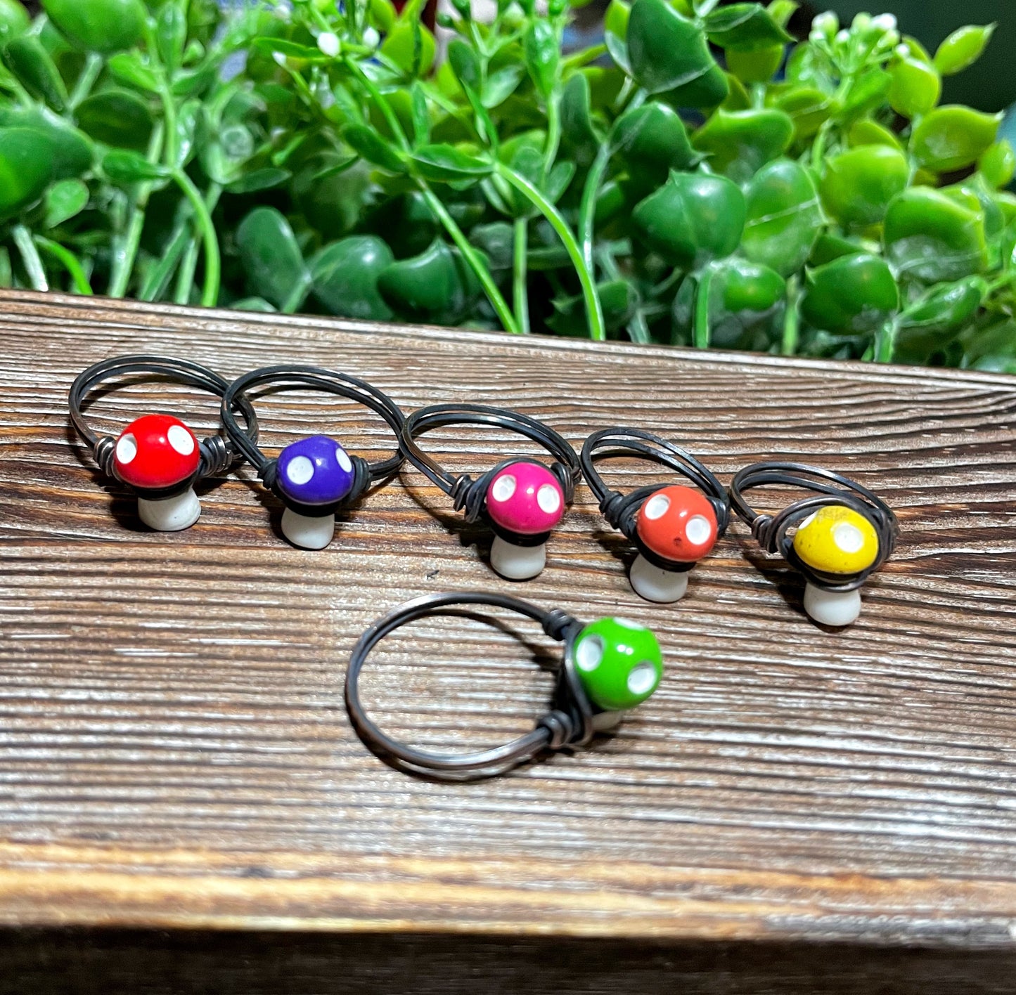 Cute Resin Mini Mushroom Wire Wrapped Ring, Toadstool Shroom Mushie, Colorful Fun Fungi - Handmade by Marlayna