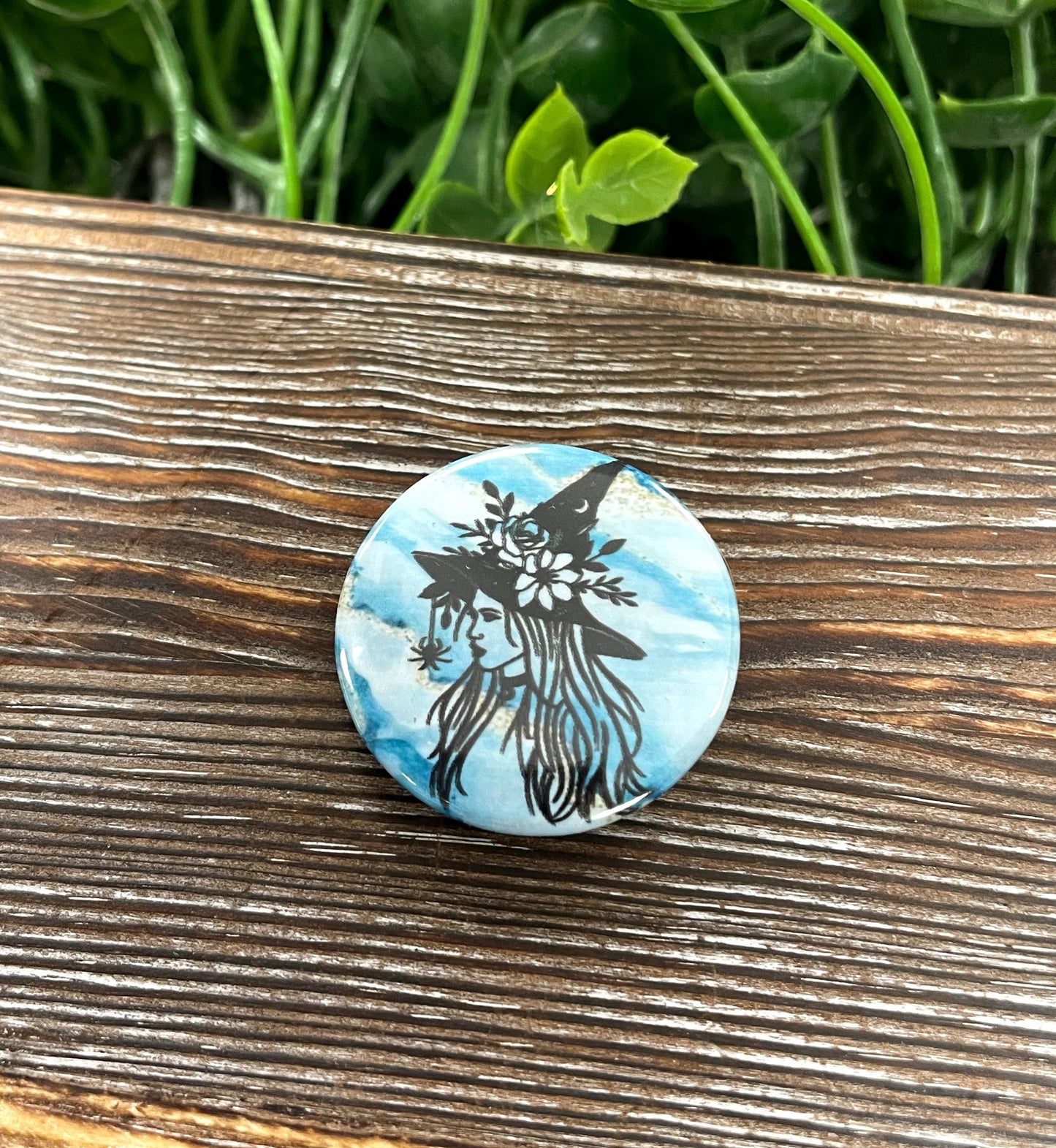 Witch Silhouette, Graphic Art Button / Pin 1.25”, Blue White Marbling - Handmade by Marlayna