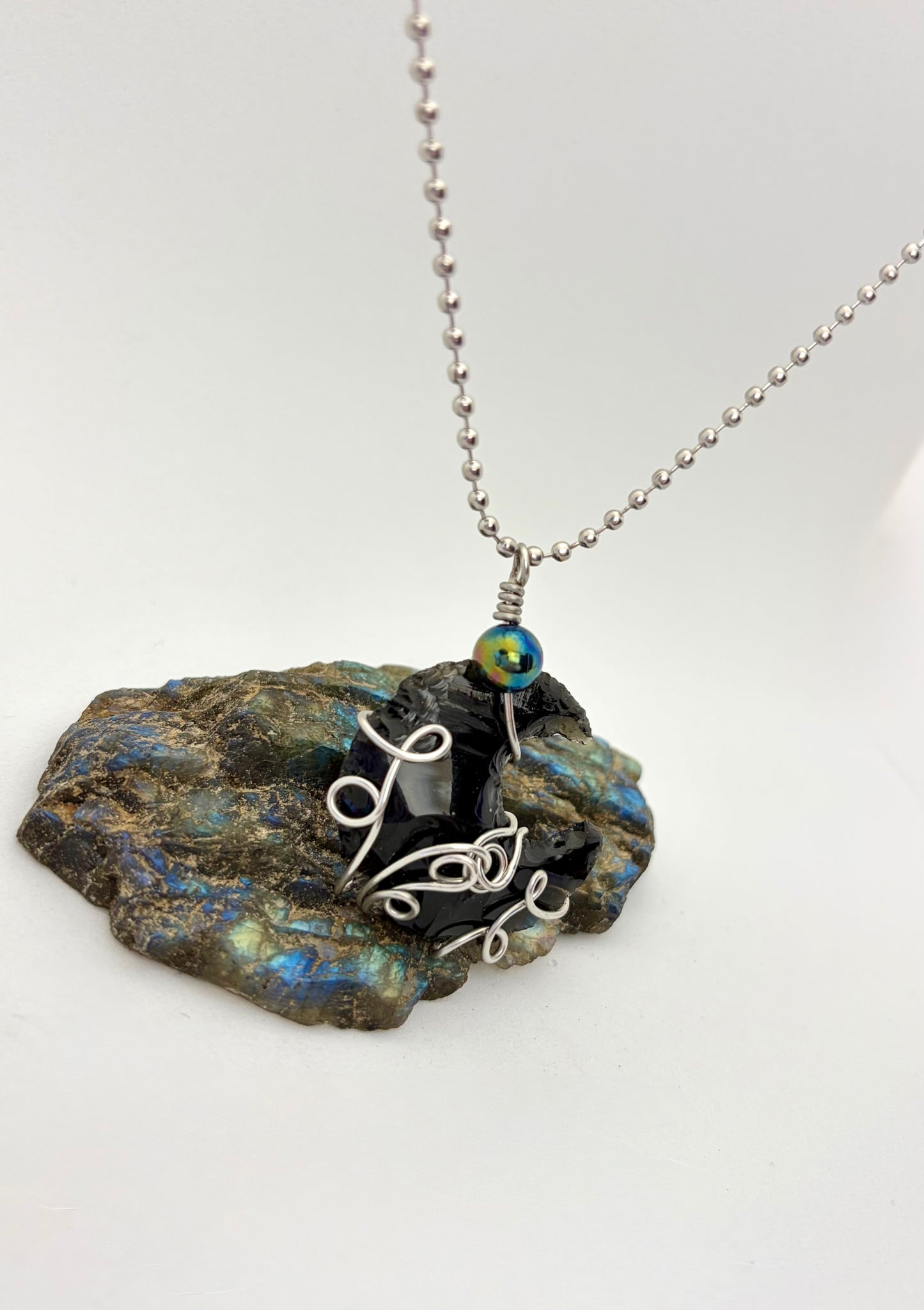 Dark Moon Rising – Stainless Steel Wire Wrapped Obsidian Crescent Necklace