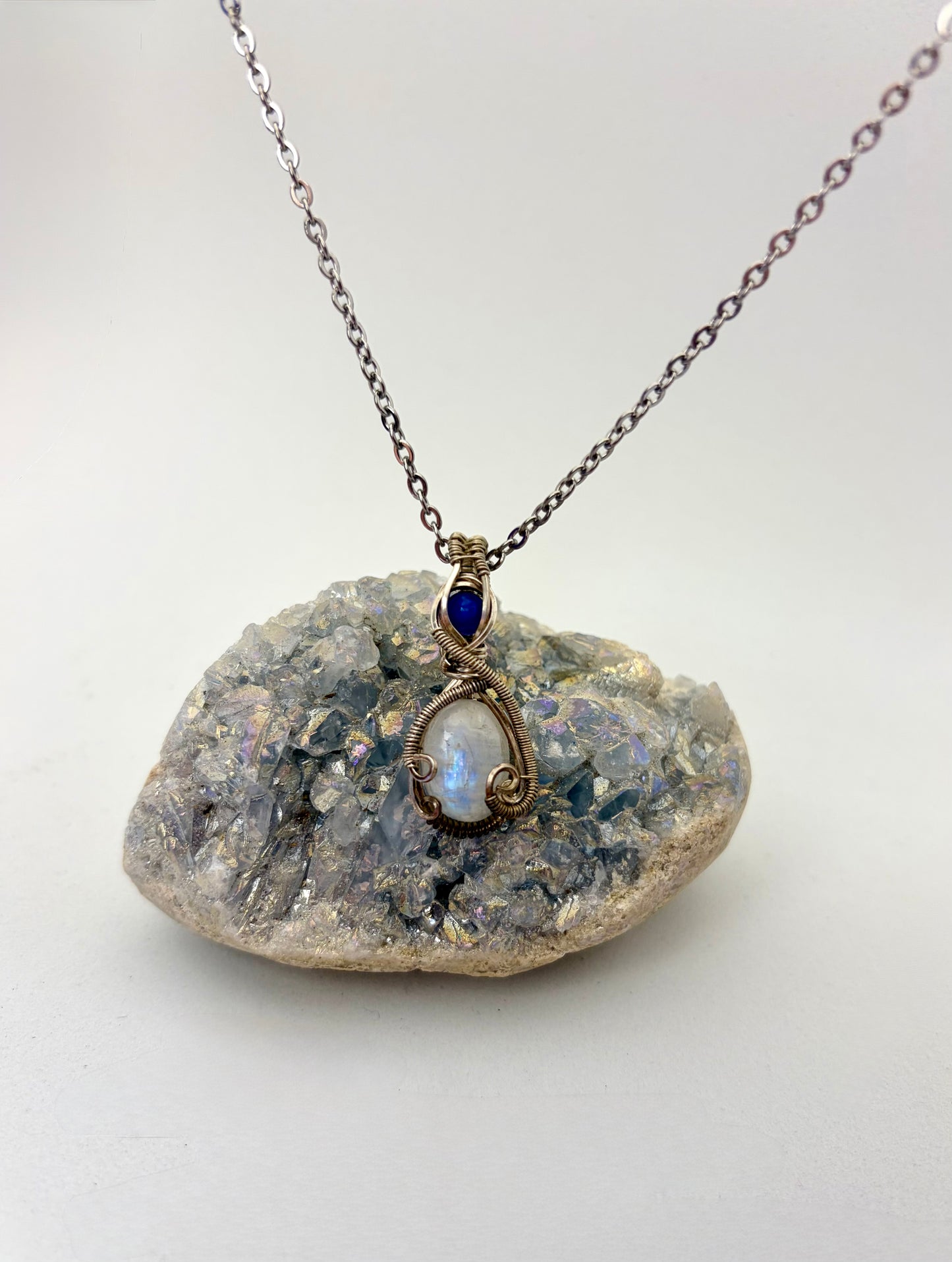 Wire Wrapped Moonstone Gemstone with Opal Accent Necklace, Sterling Silver Wire