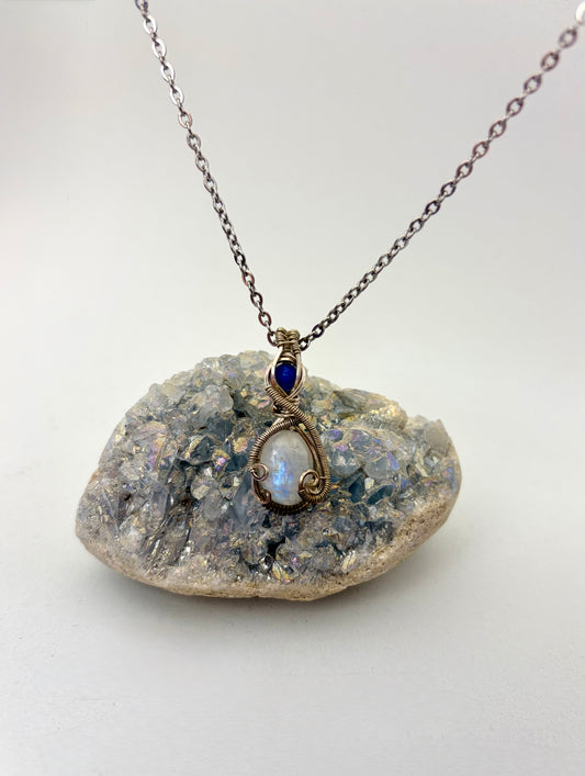 Wire Wrapped Moonstone Gemstone with Opal Accent Necklace, Sterling Silver Wire