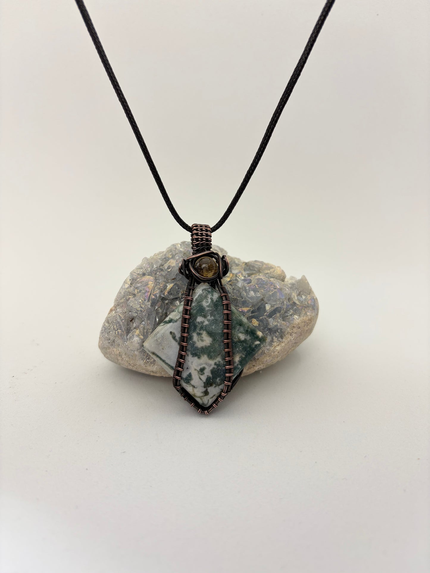 Moss Agate & Citrine Wire Wrapped Pendant | Handmade Copper Necklace