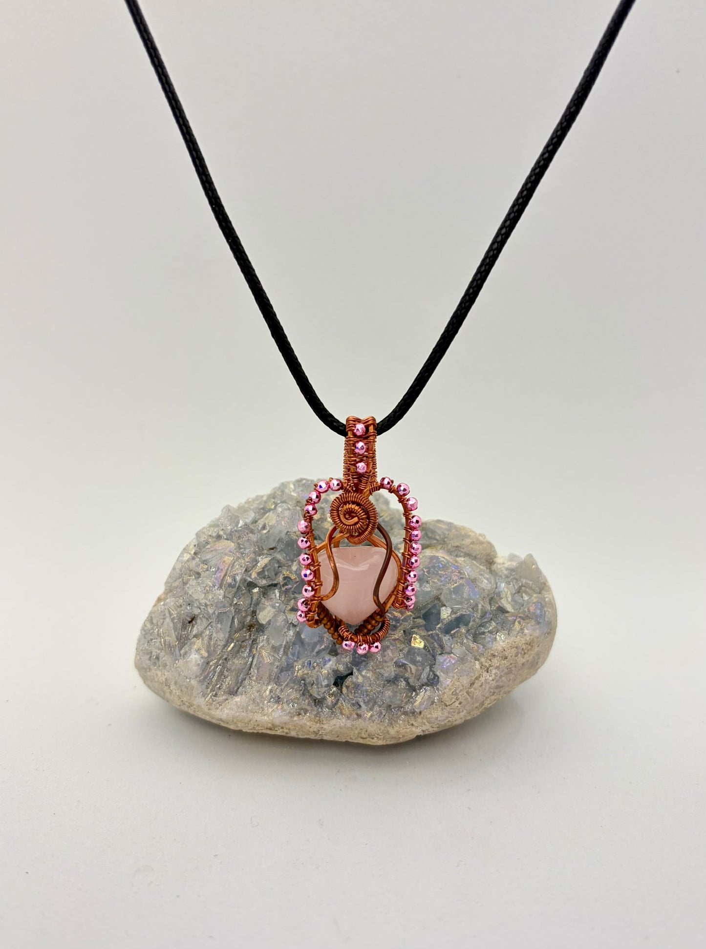 Wire Wrapped Rose Quartz Heart Necklace, Copper Wire
