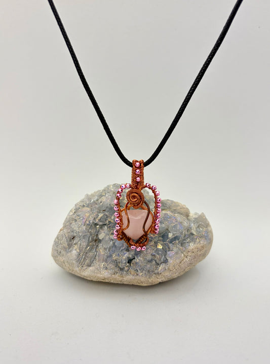 Wire Wrapped Rose Quartz Heart Necklace, Copper Wire