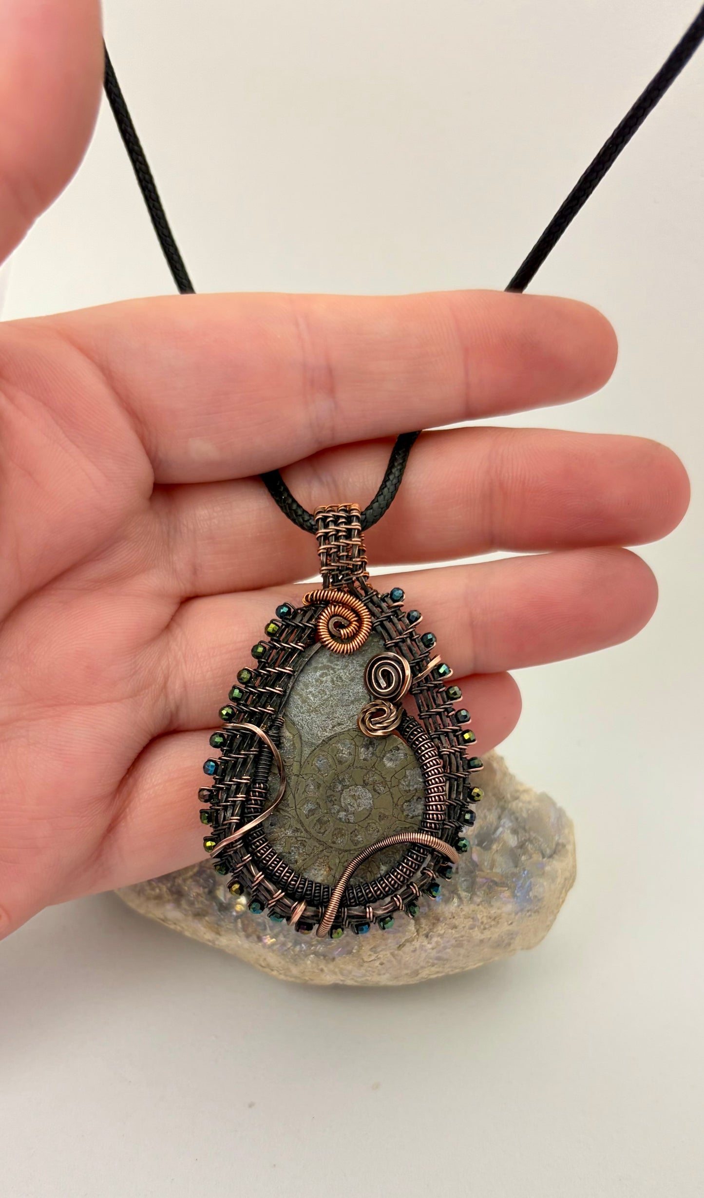 Ammonite Fossil Wire Wrapped Pendant | Copper & Beaded Handmade Necklace