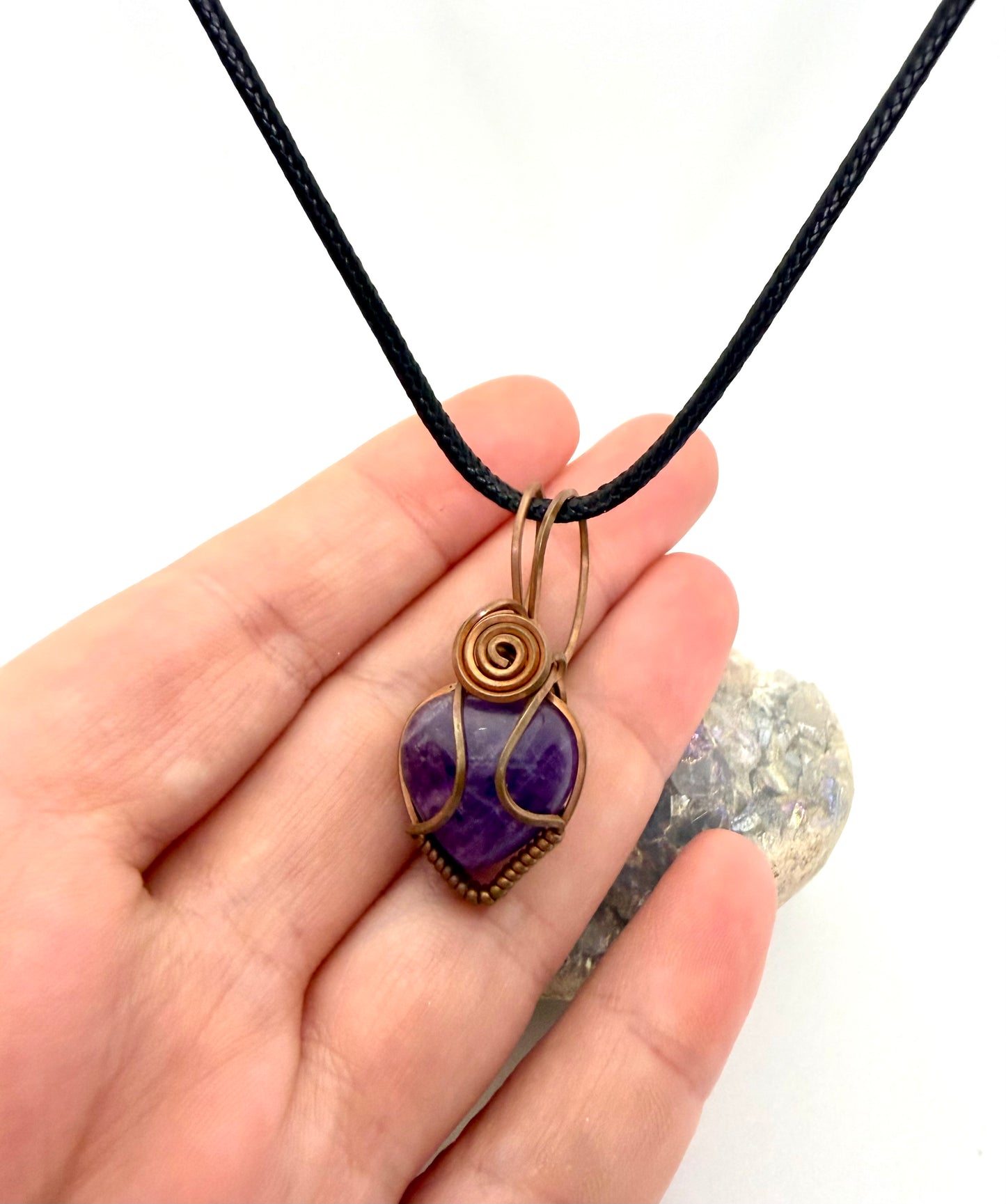 Amethyst Heart Gemstone Wire Wrapped Pendant | Copper & Crystal Necklace