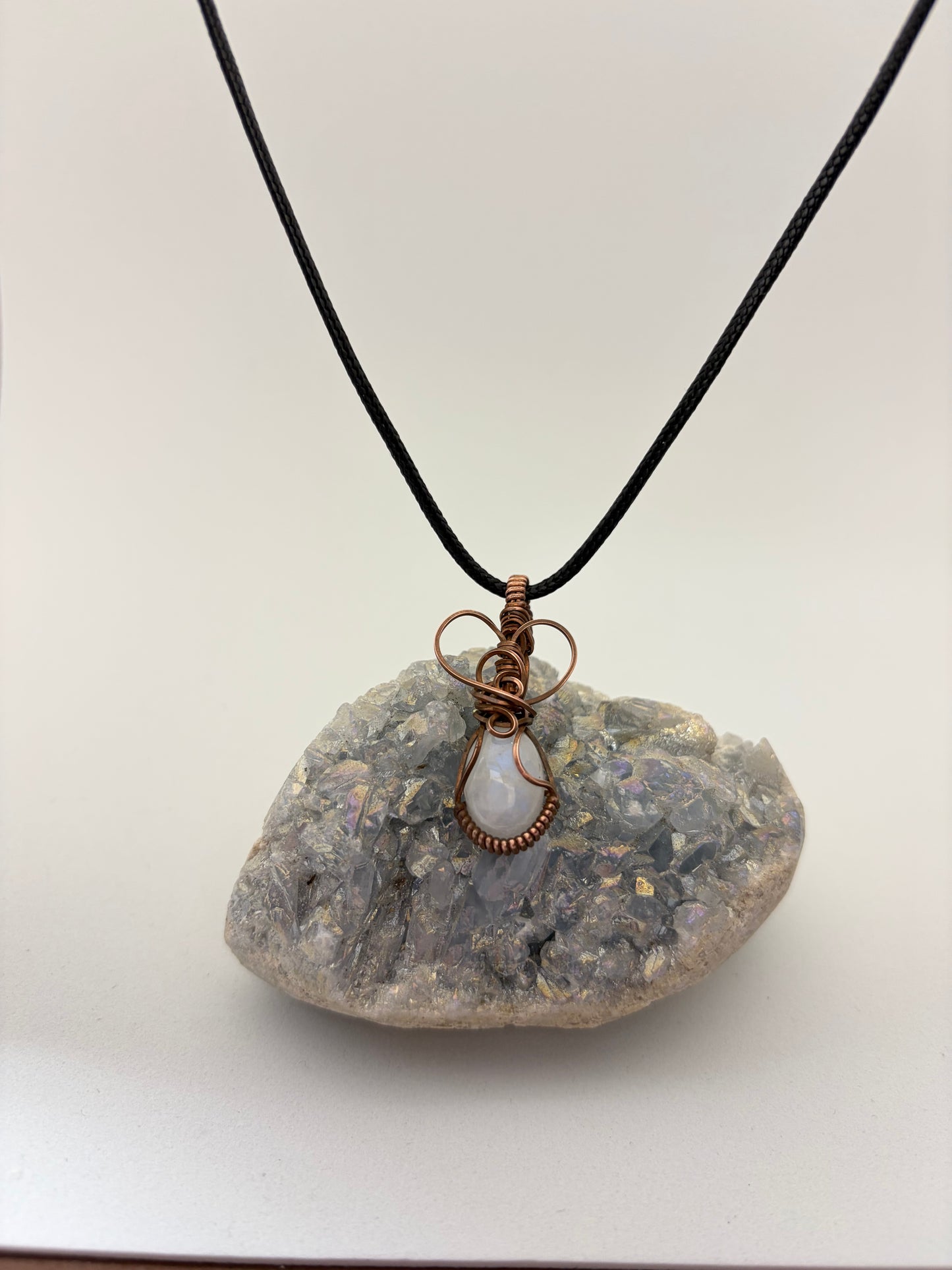 Rainbow Moonstone Wire Wrapped Pendant | Handmade Copper Necklace