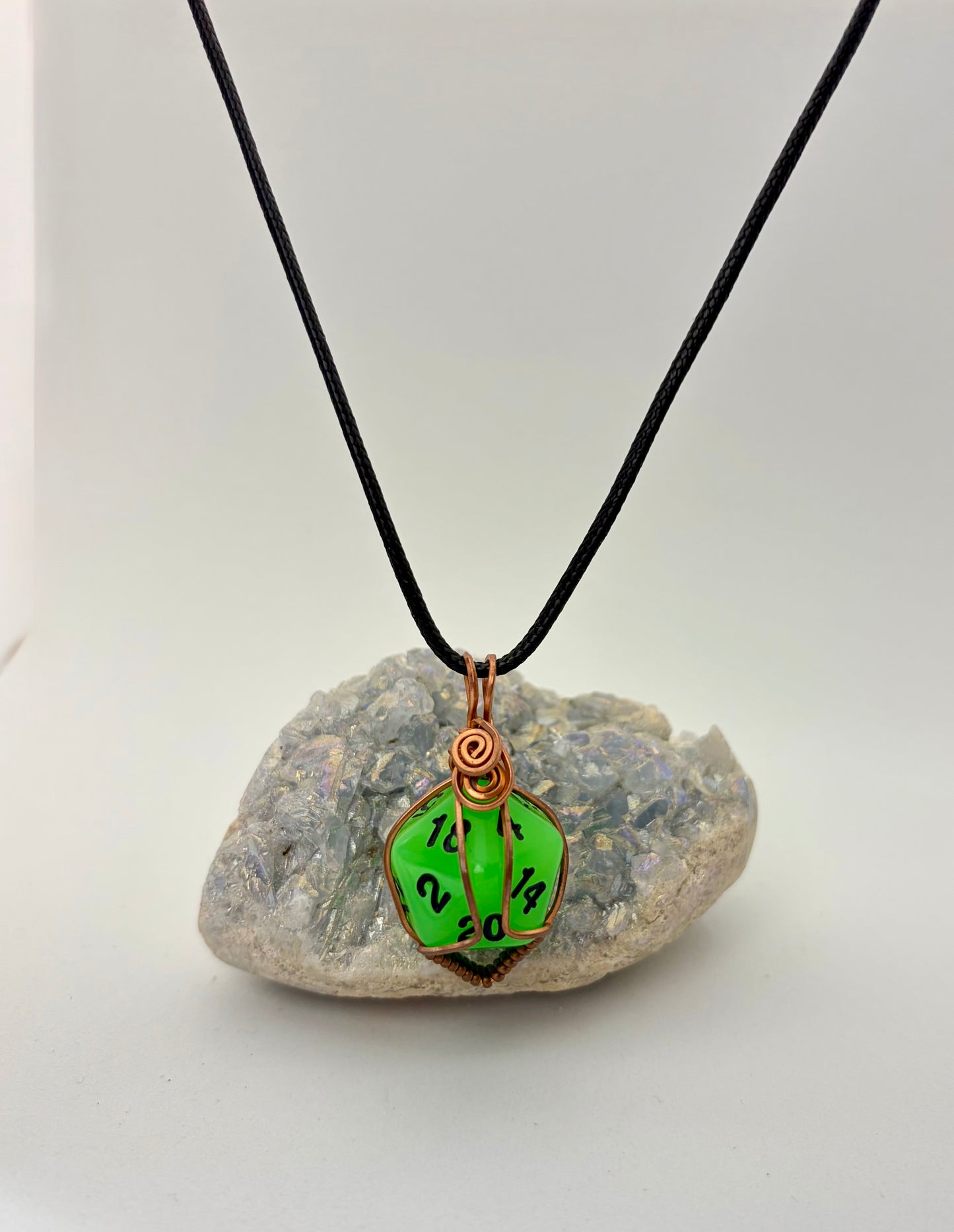 Green D20 Dice Pendant | Copper Wire Wrapped Gamer Necklace
