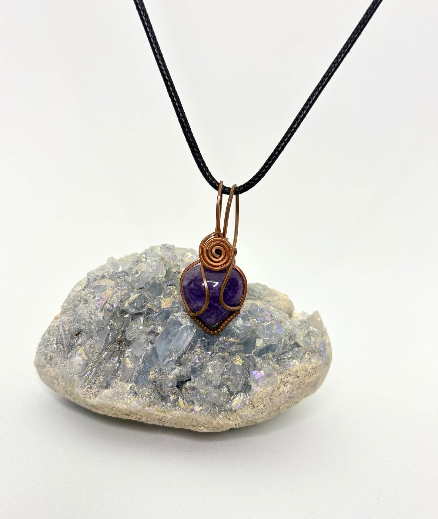 Amethyst Heart Gemstone Wire Wrapped Pendant | Copper & Crystal Necklace