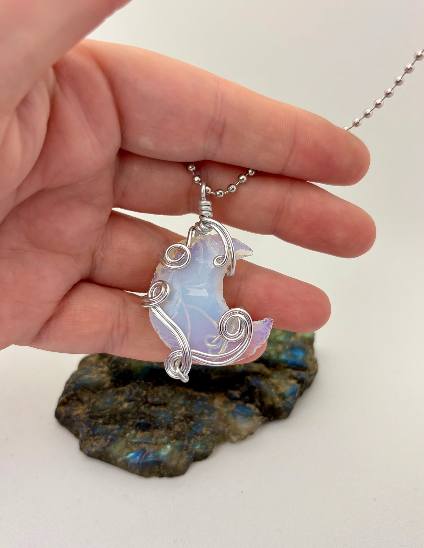 Lunar Glow” – Silver Aluminum Wire Wrapped Opalite Crescent Necklace