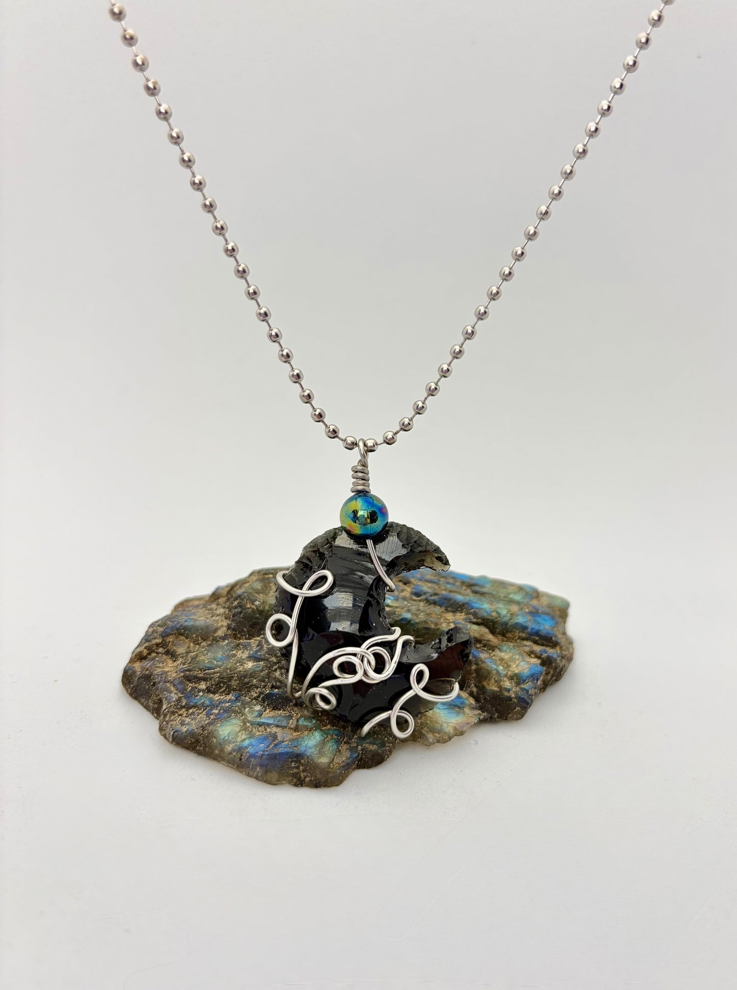 Dark Moon Rising – Stainless Steel Wire Wrapped Obsidian Crescent Necklace