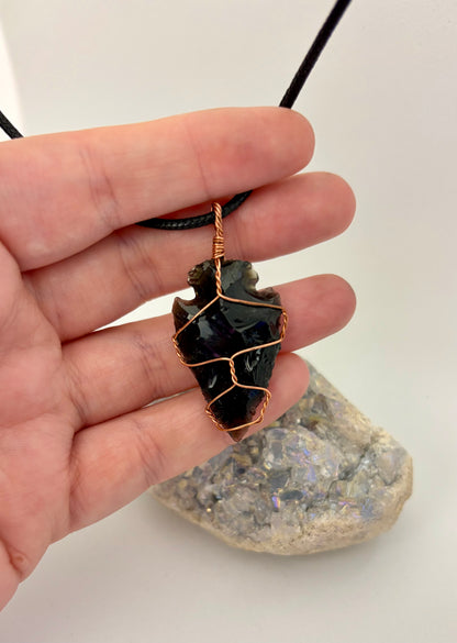 Obsidian Arrowhead Necklace | Copper Wire Wrapped Pendant